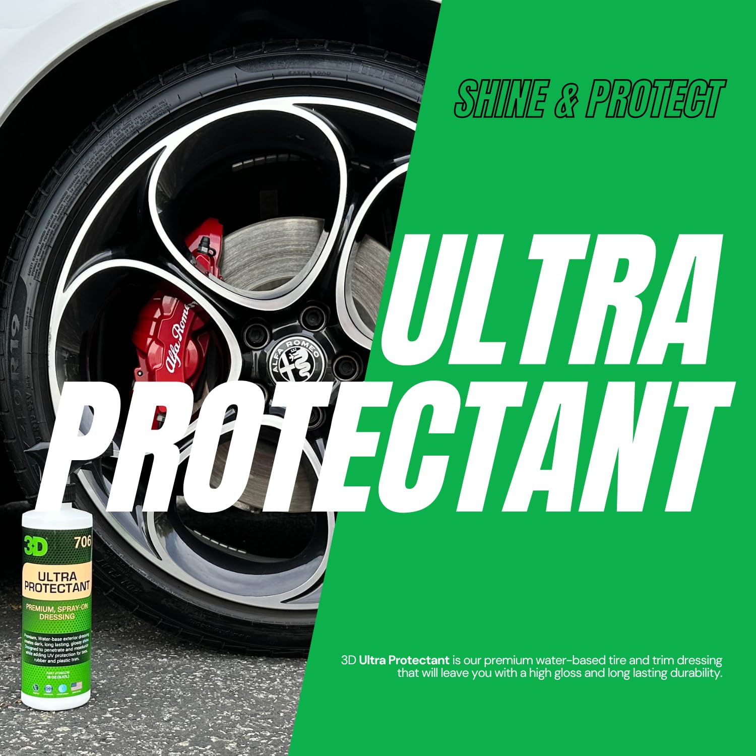 3D Ultra Protectant Tire Shine Spray - Water-Based High Gloss Tire Dressing | Long Lasting Uv Protection For Rubber & Vinyl | No
