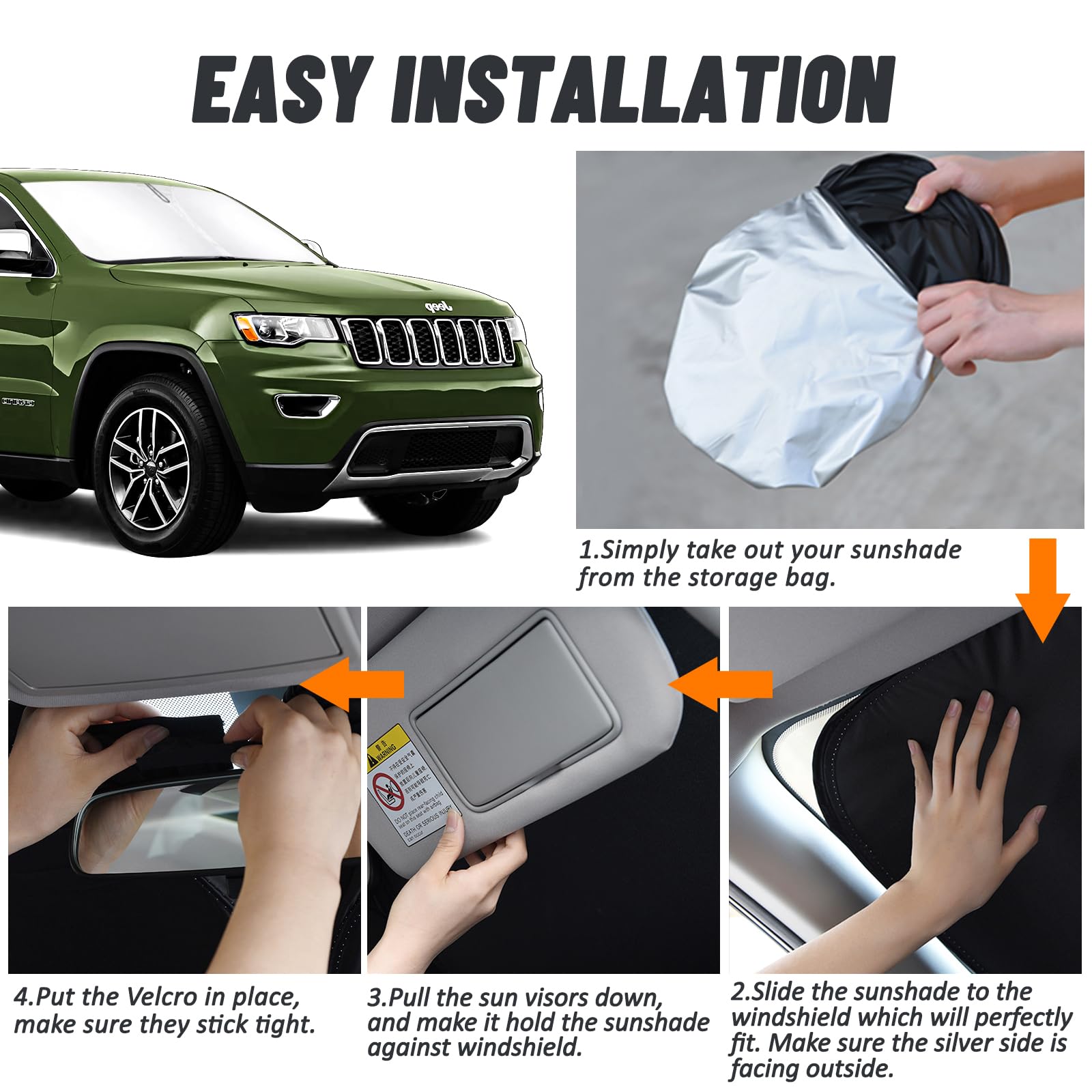 D-Lumina Windshield Sun Shade For Jee-P Grand Cherokee 2011-2021 Accessories (Not For Grand Cherokee L), Front Window Sunshade S