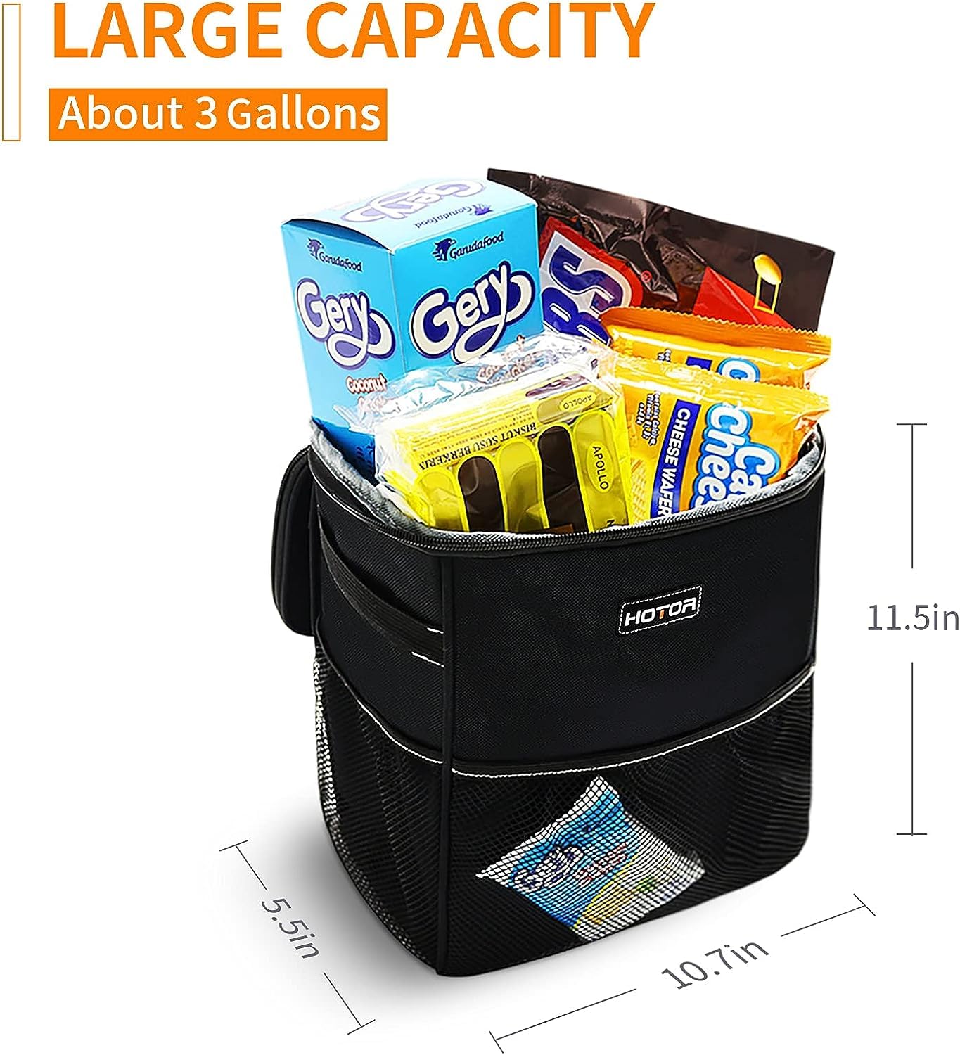 Hotor 3 Gallons Car Trash Can, Ultra Large Capacity Organizer And Storage With Adjustable Straps & Magnetic Snaps, Waterproof Ca