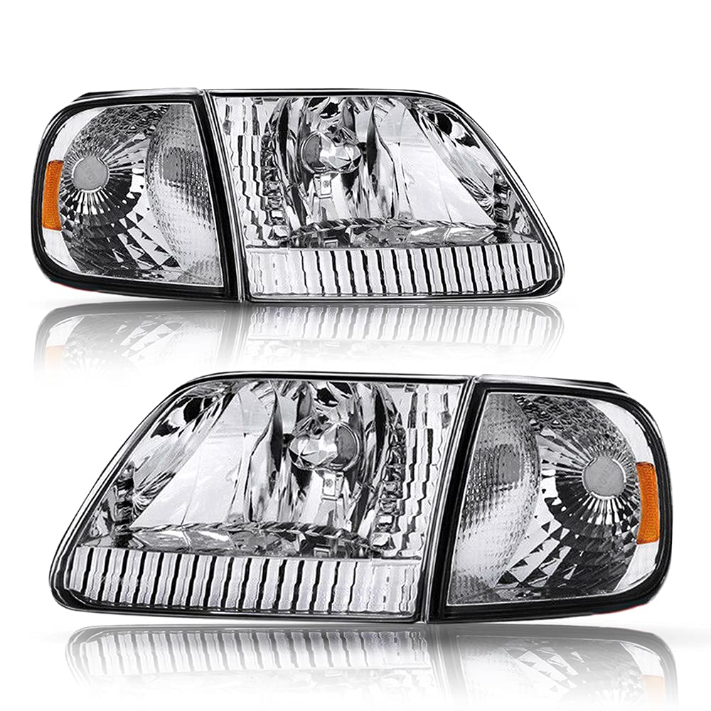 Bryght Headlight Assembly Compatible With Ford 1997-2003 F150 / 2004 F150 Heritage / 1997-2002 Expedition / 1997-1999 F250 Light Duty With Corner Lights 4Pcs (Chrome Housing With Amber Reflector)