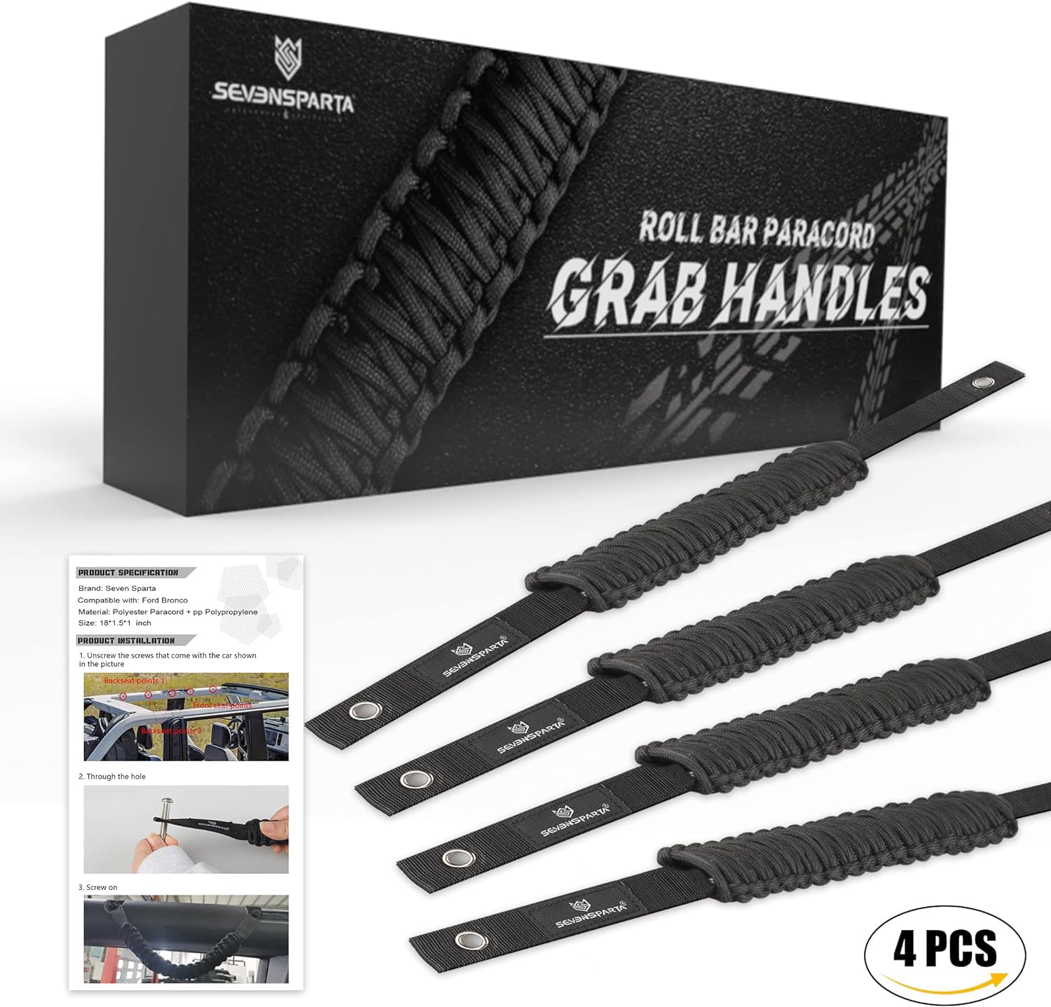 SEVEN SPARTA 4 Pack Roll Bar Grab Handles Compatible with Ford Bronco 2021 2022 2023 2024 2/4 Door, Paracord Grip Handle, Replac