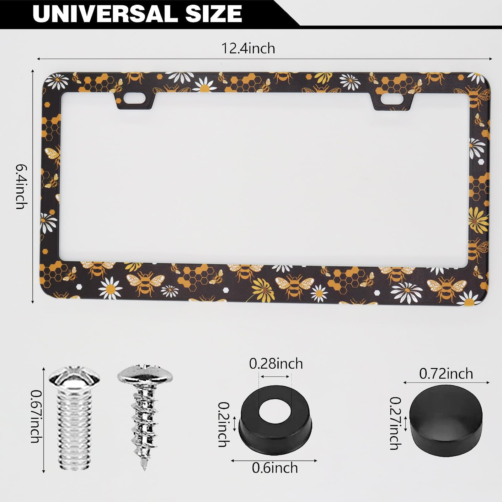 Bee Honeycomb And Flowers License Plate Frames, 2 Pack Bee Honeycomb Flower Car Plate Frame, Stainless Steel License Plate Holde