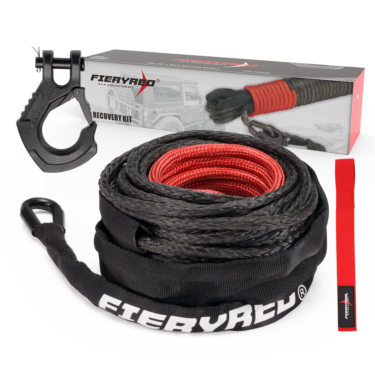 Fieryred 1/4Inch 50Ft 9500Lbs Synthetic Winch Rope Cable Kit With Forged Hook And Strap, Winch Line Replacement For 3500-4500Lbs