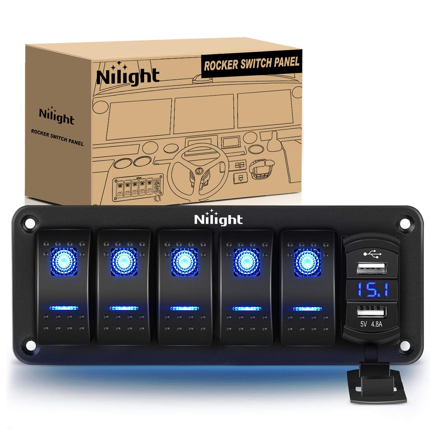 Nilight 5 Gang Rocker Switch Panel with 4.8 Amp Dual USB Charger Voltmeter Waterproof 12V 24V DC Rocker Switch with Night Glow S