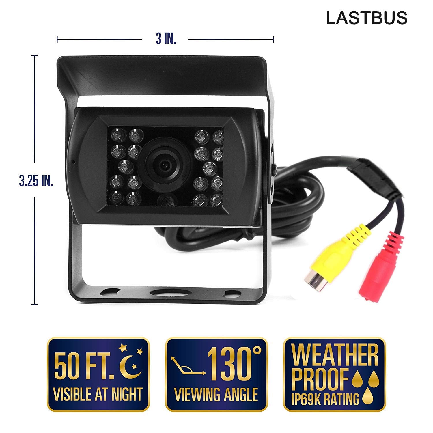 LASTBUS Waterproof Backup Camera with Night Vision, Wide Angle, RCA Connector for RV, Truck, Trailer, Van - Black-RCARearCam