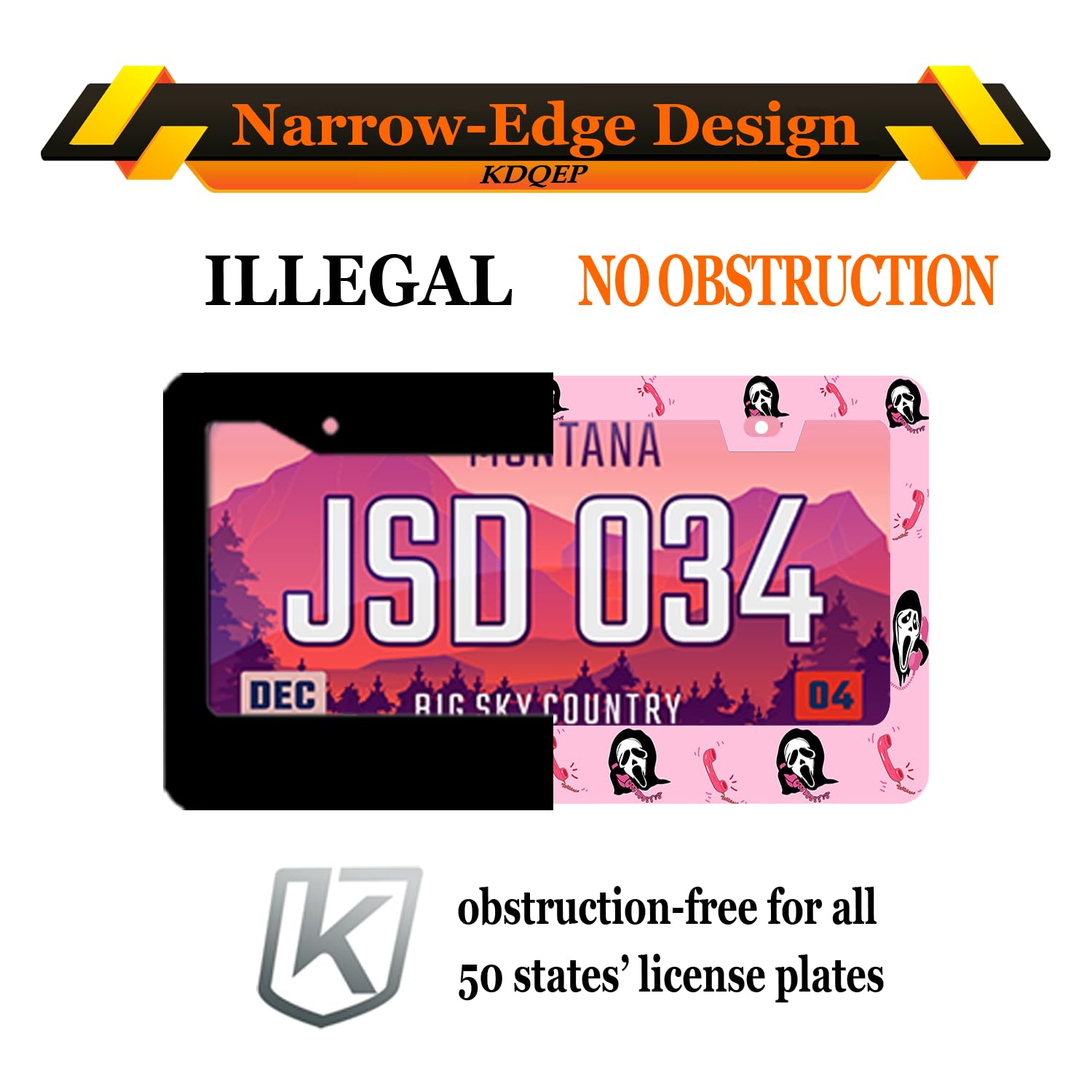 Kdqep Ghost Skull Face License Plate Frame,Horror Cool Cute Halloween License Plate Frame,Rust-Proof Waterproof Stainless Steel