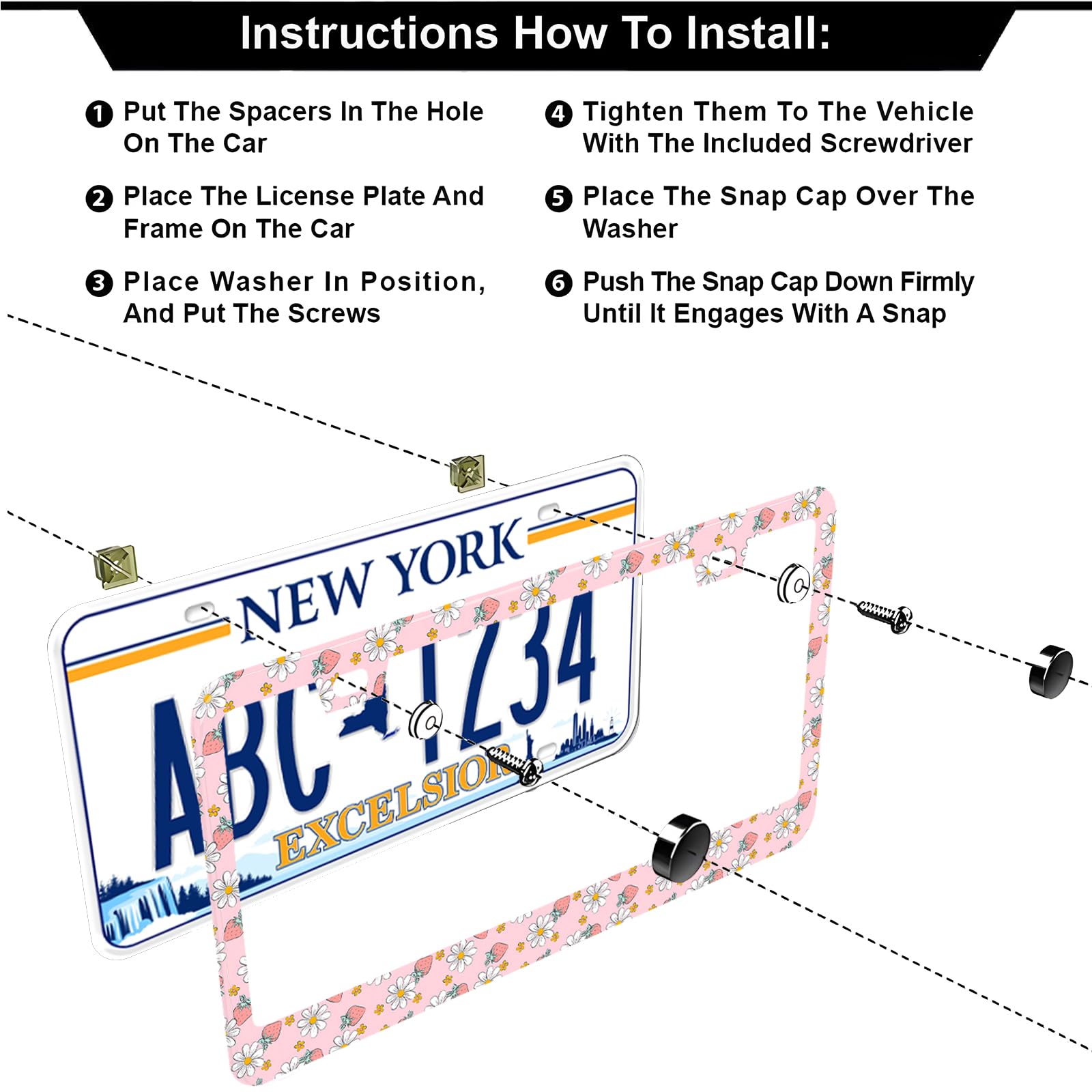 Pink Strawberry Daisy Flowers License Plate Frames, 2 Pack Strawberry Flower Car Plate Frame, Stainless Steel License Plate Hold