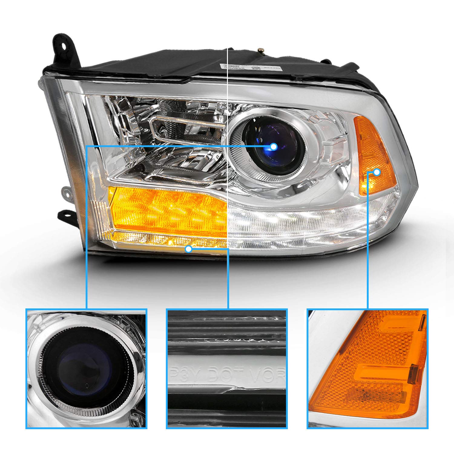 Amerilite For 2009-2018 Dodge Ram 1500 2500 3500 Truck Dual/Quad Projector Models Switchback Led Tube Chrome Replacement Project