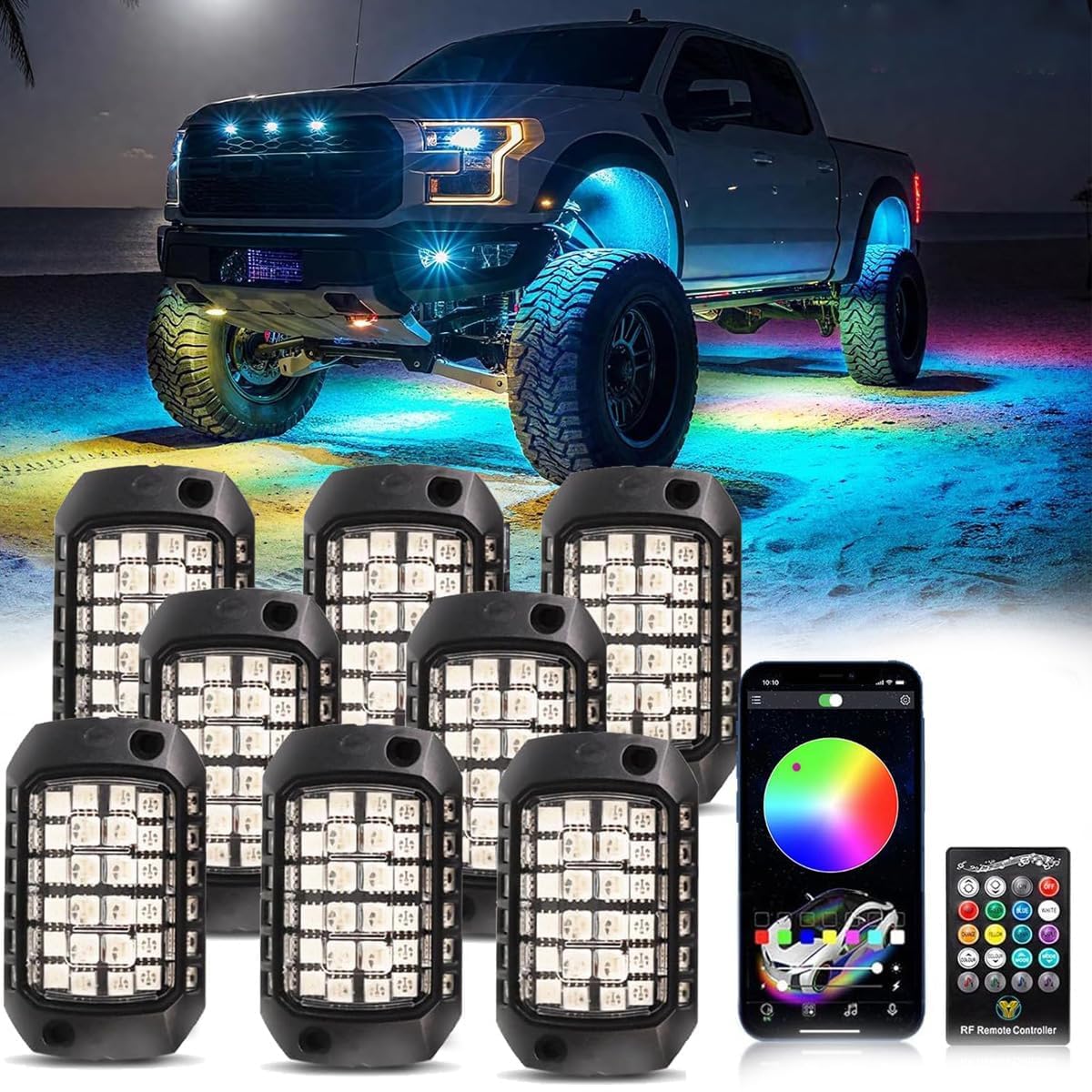 Rock Lights for Trucks, 8 Pods RGB LED Rock Lights with APP/Remote Control & Music Mode, High Bright Multilcolor Waterproof IP68