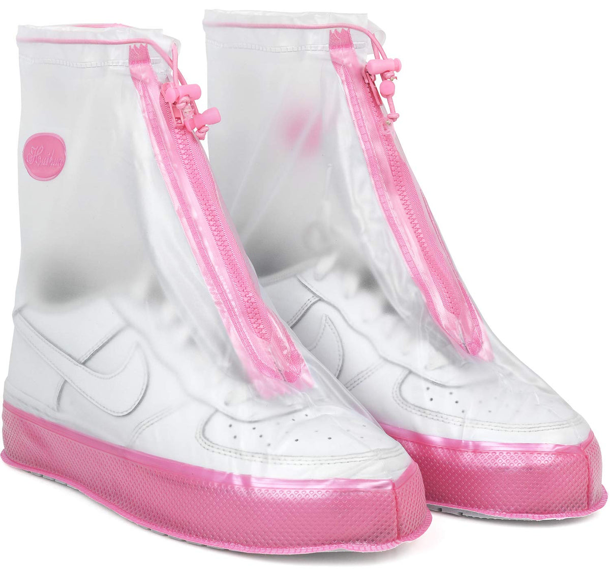 Rain Shoe Covers | Waterproof Shoe Covers for Men Women | Reusable Galoshes Overshoes (Clear/Pink, Large)