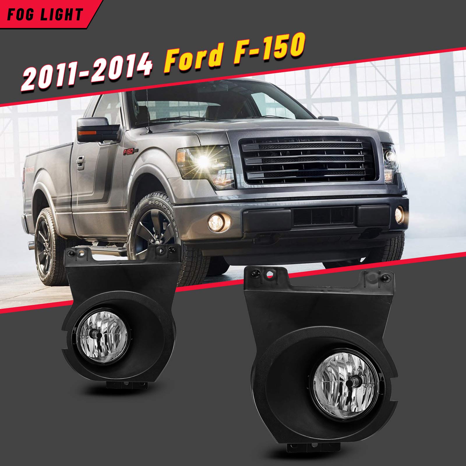Autofree Fog Lights Compatible For 2011 2012 2013 2014 Ford F150 With Bulbs H10 12V 42W Driving Lights Assembly Replacement For Pickup - 1 Pair(Clear Lens)