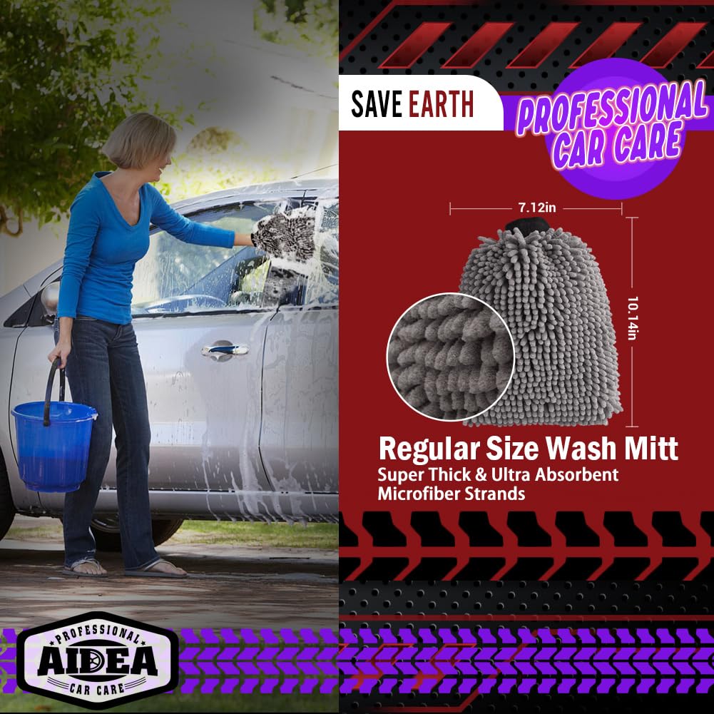 Aidea Car Wash Mitt Microfiber-2Pack, Scratch-Free& Lint-Free, Premium Chenille Microfiber Wash Mitt-Grey Regular Size (7.12''X1