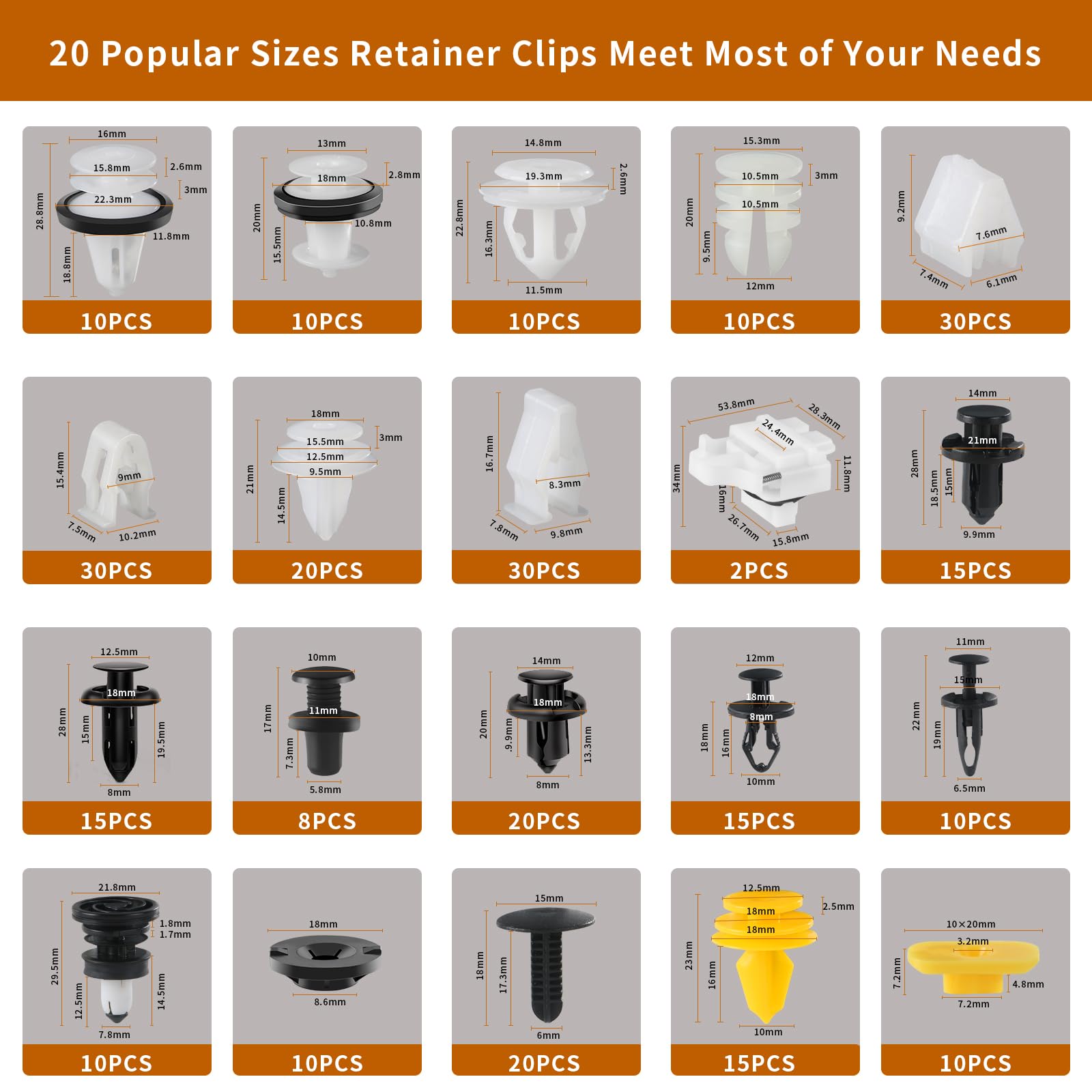 300Pcs Tesla Clips Tesla Fasteners Tesla Bumper Fender Liner Push Retainer Fastener Rivet Clips, 20 Sizes Tesla Clip Push Rivets