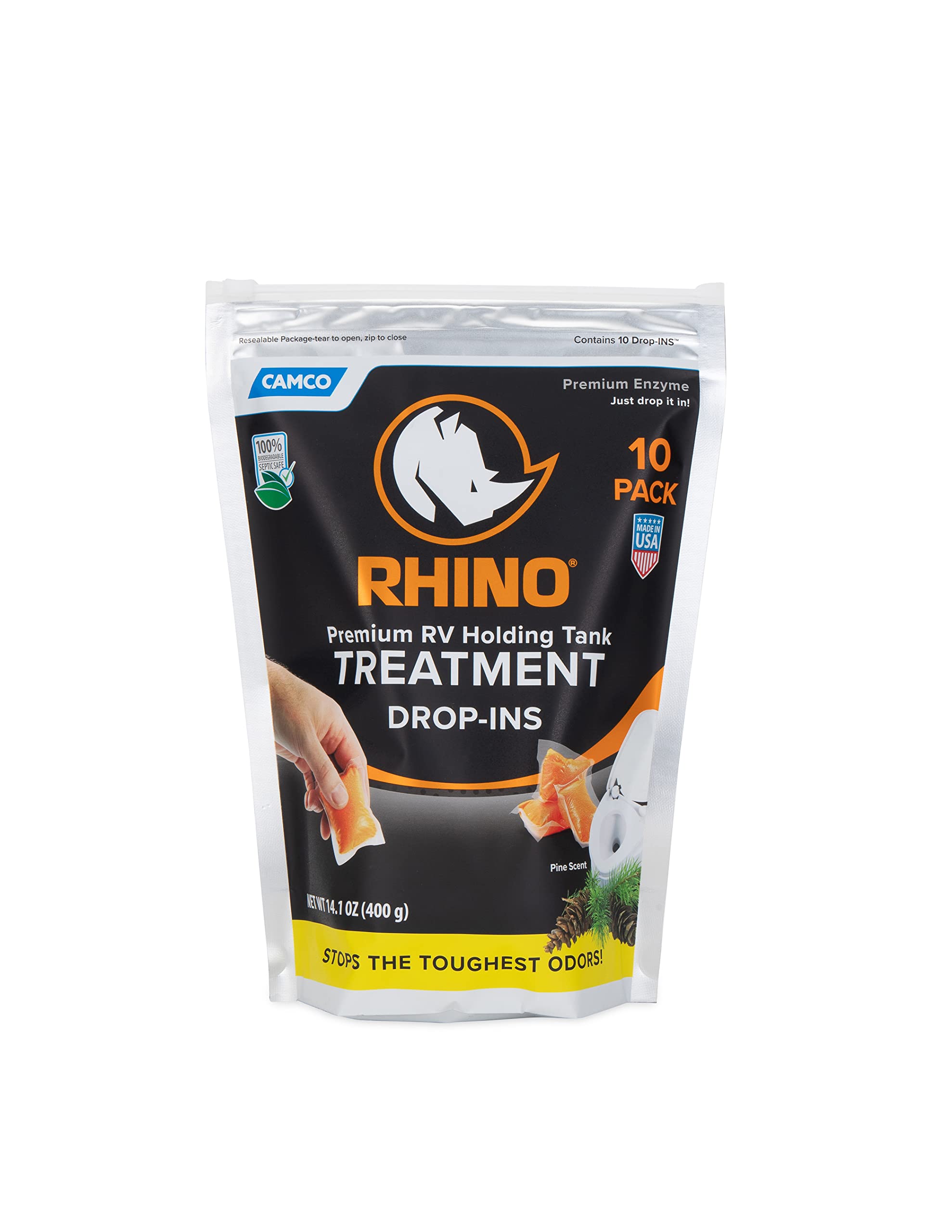 Camco Rhinoflex Premium Enzyme Rv Holding Tank Treatment Drop-Ins | Features A Biodegradable Septic Safe Formula, A Pine Scent, And Is Ideal For Rving, Boating, And More | 10 Count (41519)