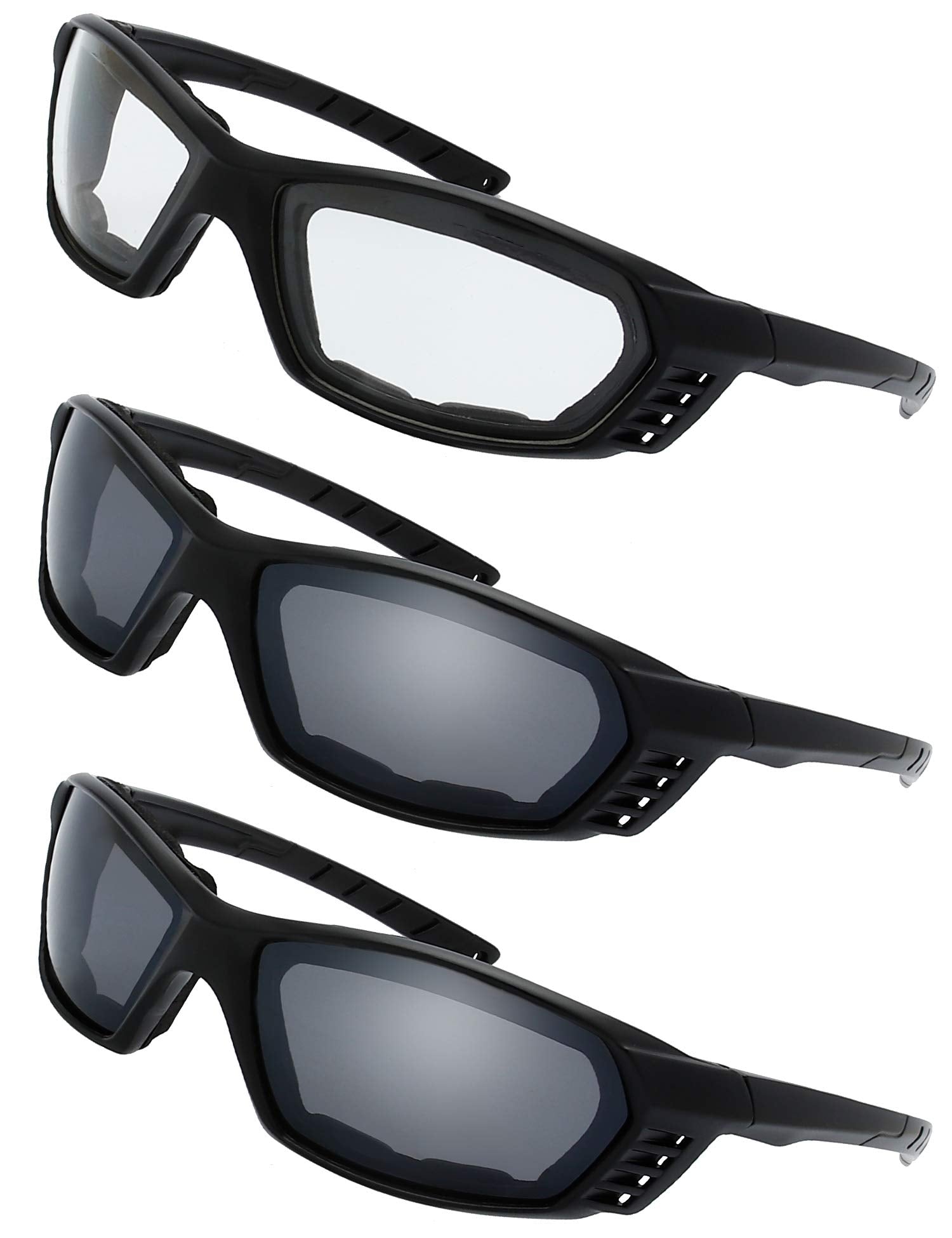 The Fresh Motorcycle Riding Glasses Padded Frame Lens Block 100% Uvb For Outdoor Activity Sport (23M-Matte Black, Clear*1, & Gre