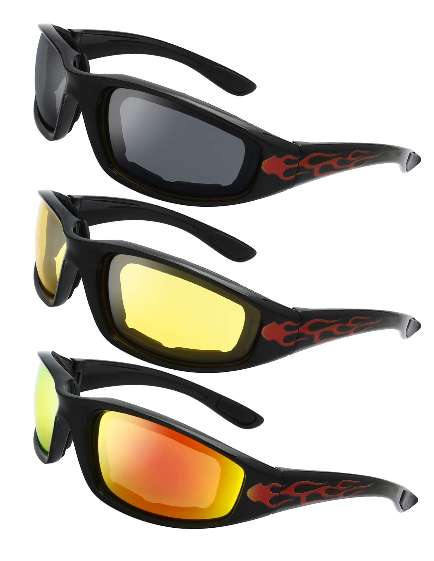 The Fresh Motorcycle Riding Glasses Padded Frame Lens Block 100% Uvb For Outdoor Activity Sport (1409-Shiny Black(Flame Print),