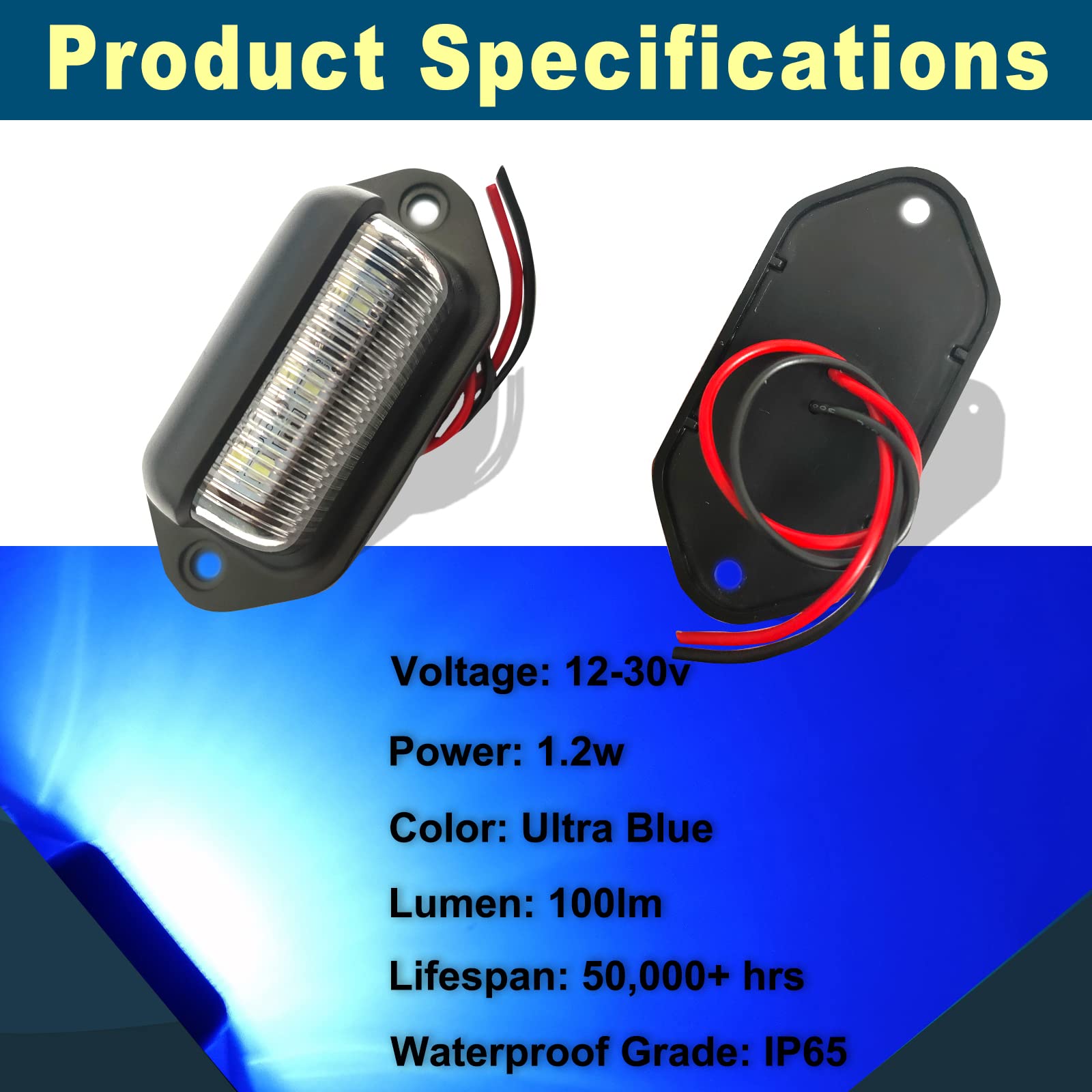 4Pcs Blue Led License Plate Light, 12V-24V Dc Waterproof 6-Smd License Plate Lamp Taillight, Universal For Truck Suv Trailer Van