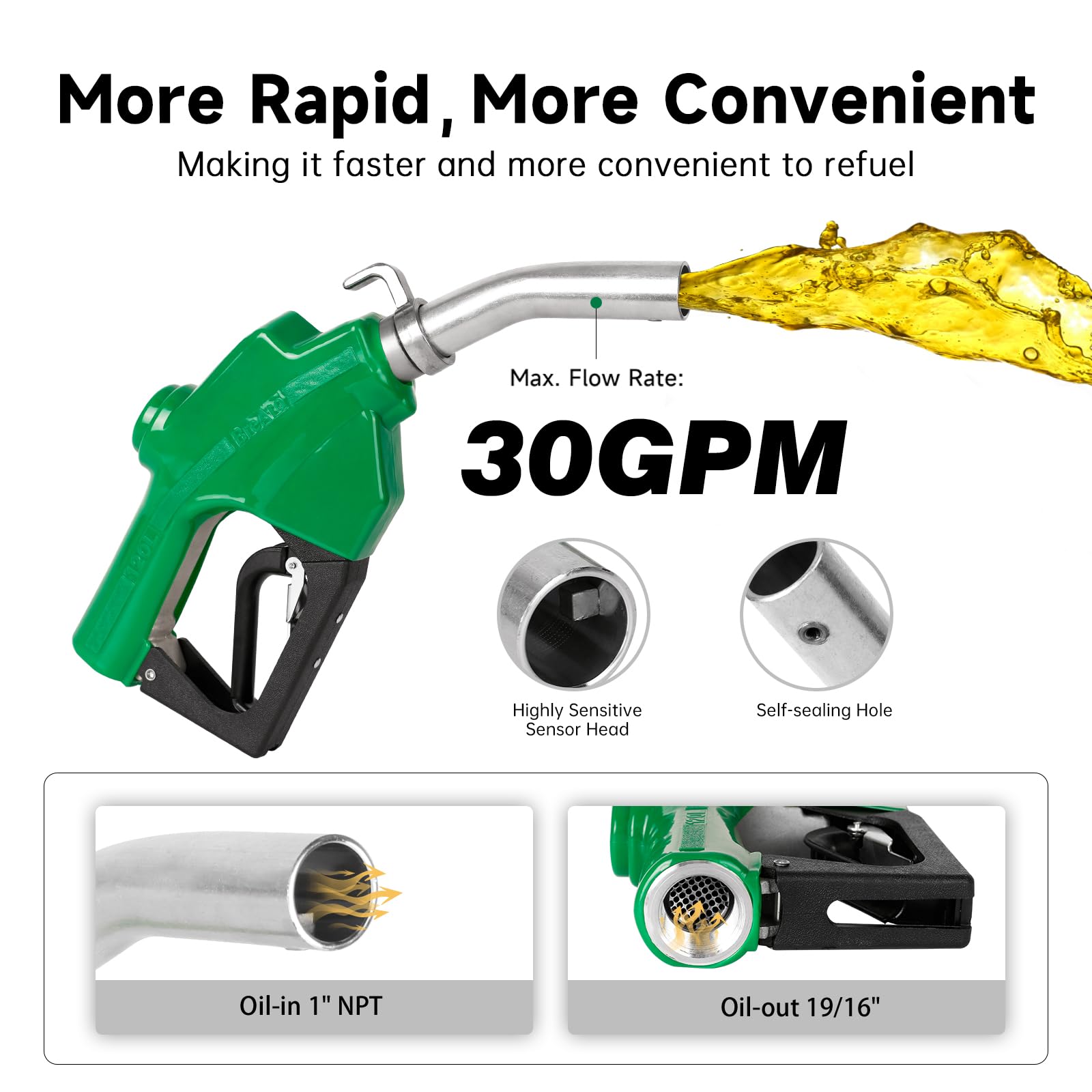1 Inch Fuel Nozzle Auto Shut Off Fuel Transfer Nozzle Max Flow Rate 30Gpm With Aluminum Alloy Body, 3-Notch Hold Open Clip, And