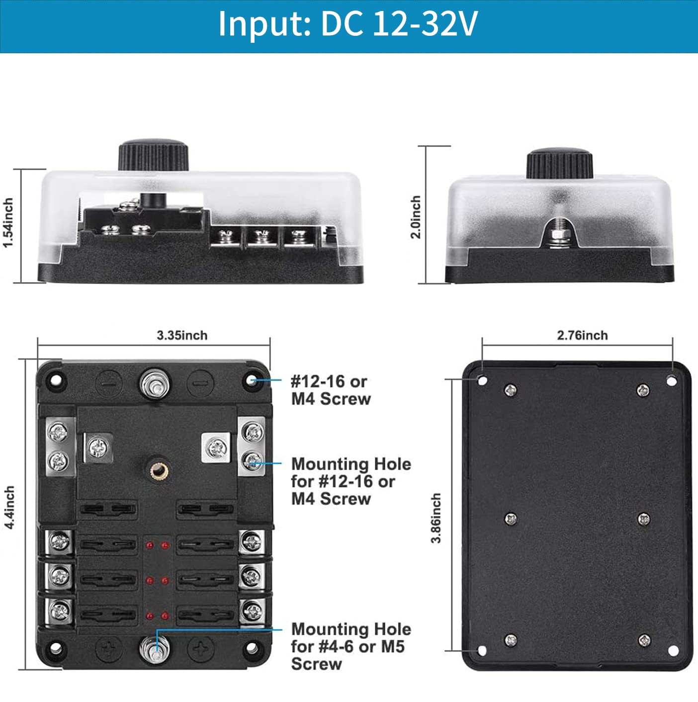 12 Volt Fuse Block, Waterproof 6 Way Fuse Box With 6 Ground Negative Busbar For Automotive[100 Amp Max] [Atc/Ato Fuses] [Led Ind