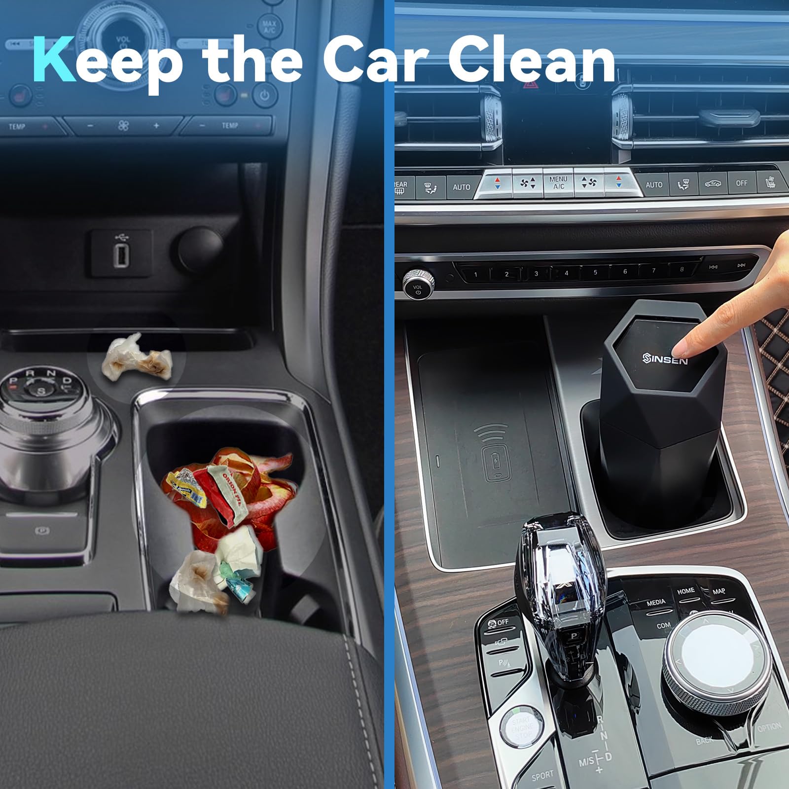 Sinsen Car Trash Can With Lid, Truck Garbage Bin And Interior Organizer Accessories Must Haves, Mini Diamond Trashcan For Road T