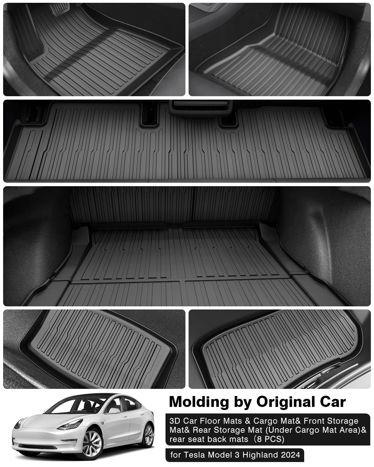 Powerty Floor Mats & Cargo Liner for 2024 2025 Tesla Model 3 Highland Accessories All Weather TPE 3D Floor Liners 2 Row Liner Se