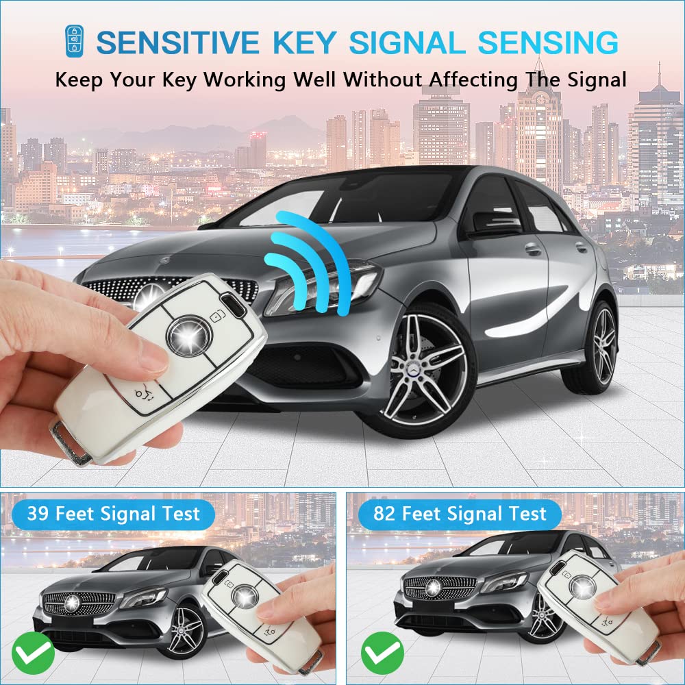 1797 Key Fob Cover For Mercedes Benz A C E G Cla Cls Gla Sl Class Accessories Bling Keychain Car Smart Remote Case Shell Girly Cute 4 Button White Silver Tpu
