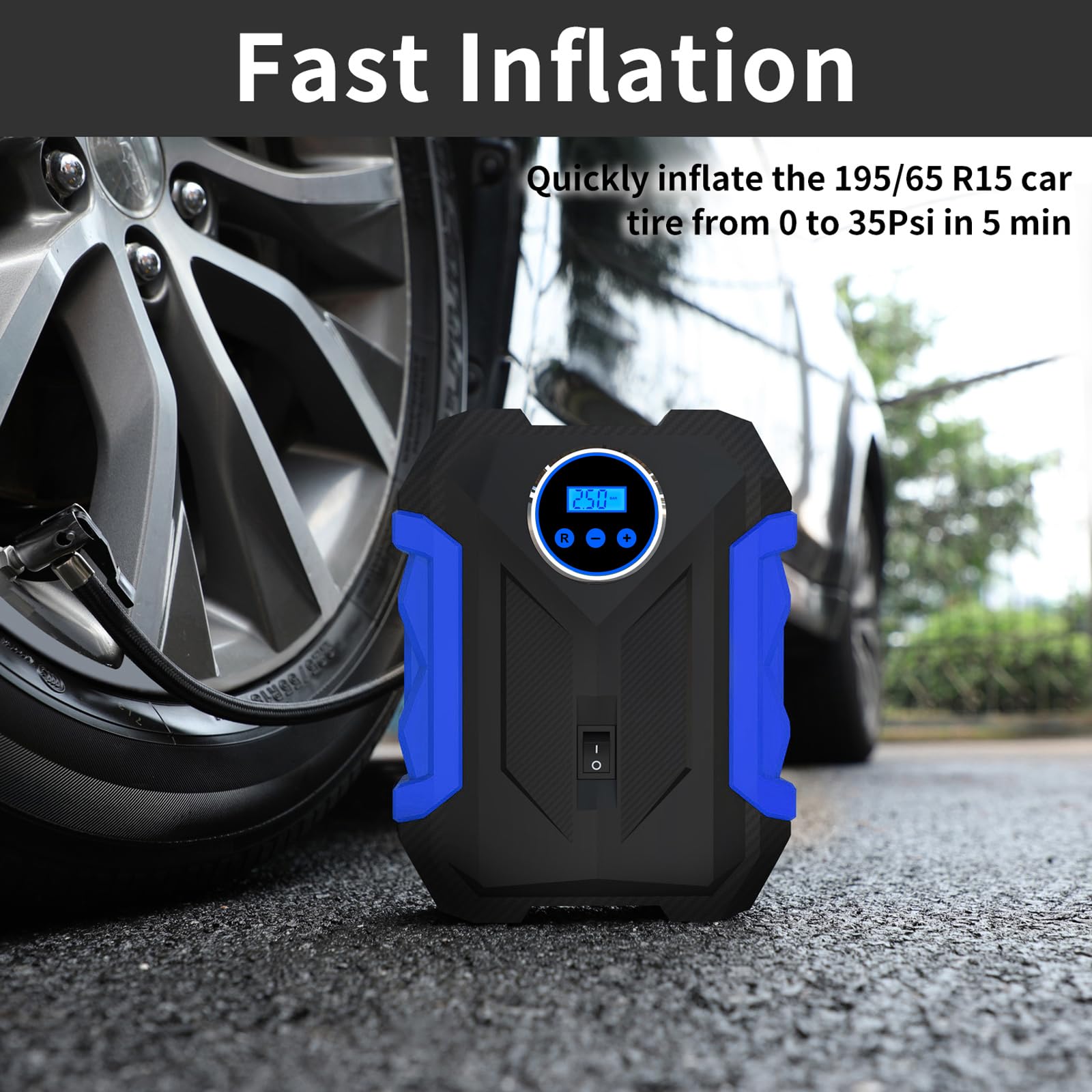 Digital Air Compressor For Car Auto Pump Portable Tire Inflator With Led Light Dc 12V, Blue