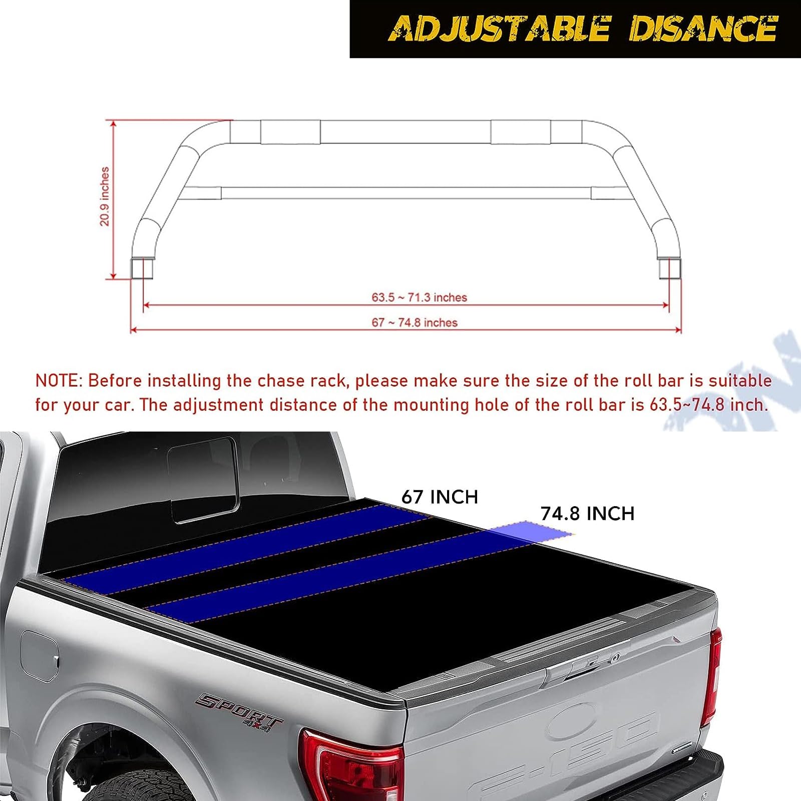 Hawkley Chase Racks for Trucks, Universal Sport Roll Bar, 70.7"x19.3"x20.9", Black, Model I101, Fits Dodge Ram, Jeep, Chevy,
