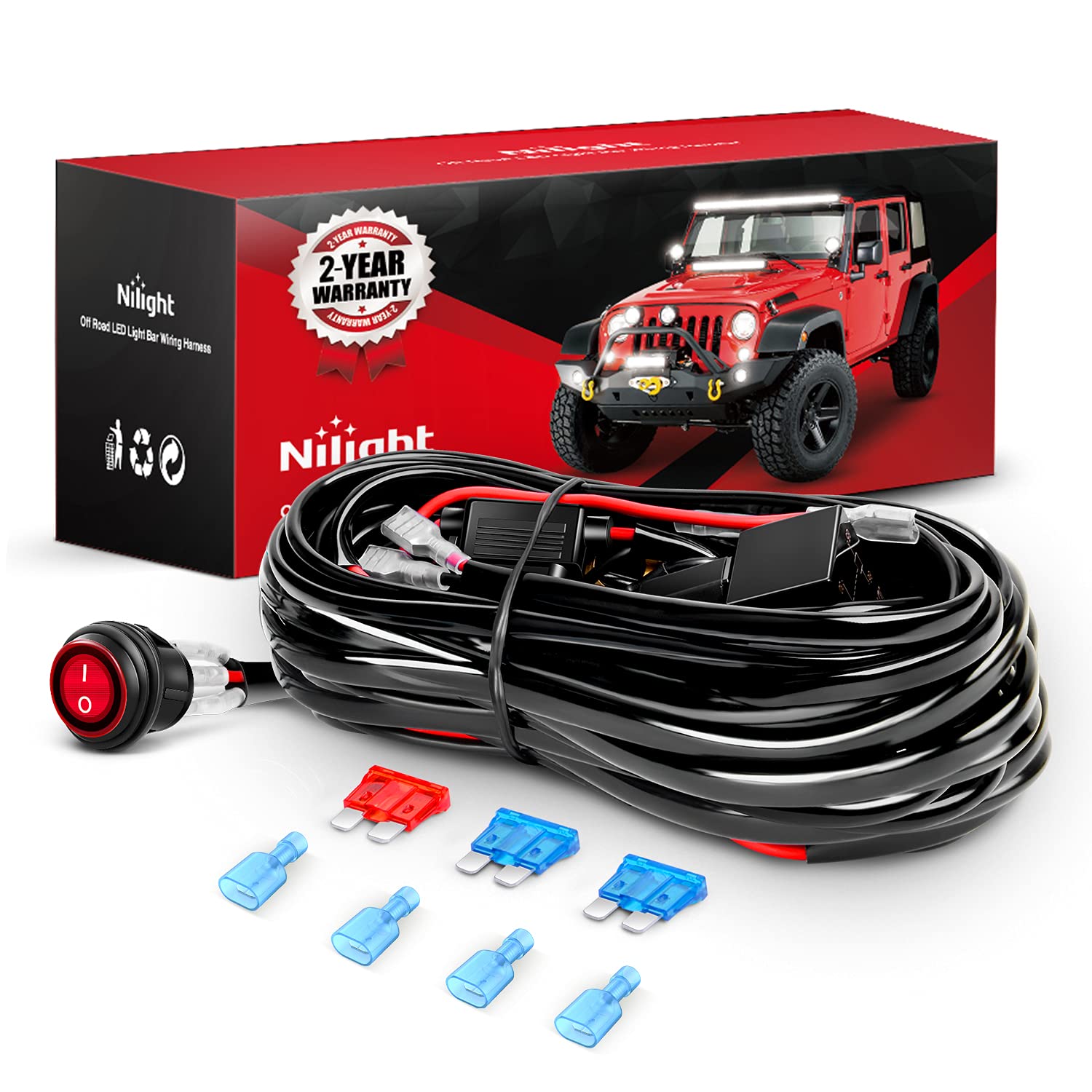 Nilight - Ni -Wa 06 Led Light Bar Wiring Harness Kit - 2 Leads 12V On Off Switch Power Relay Blade Fuse For Off Road Lights Work