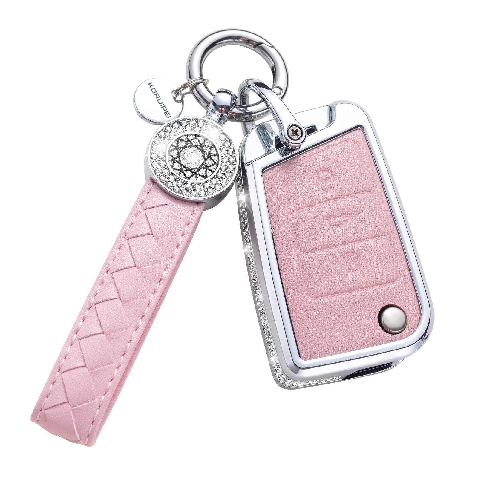 Ruabiban For Vw Volkswagen Key Fob Cover With Keychain, Pink Genuine Leather Crystal Key Case Protection Shell