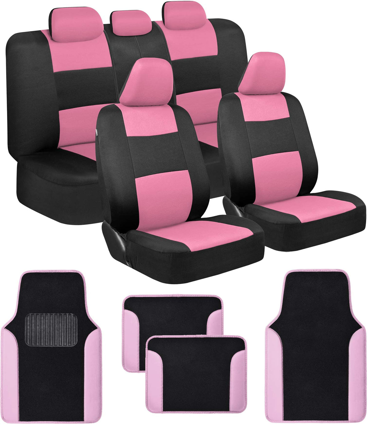 BDK PolyPro Pink Car Seat Covers Full Set with 4-Piece Car Floor Mats - Two-Tone Seat Covers for Cars with Carpet Floor Mats, Interior Covers for Auto Truck Van SUV