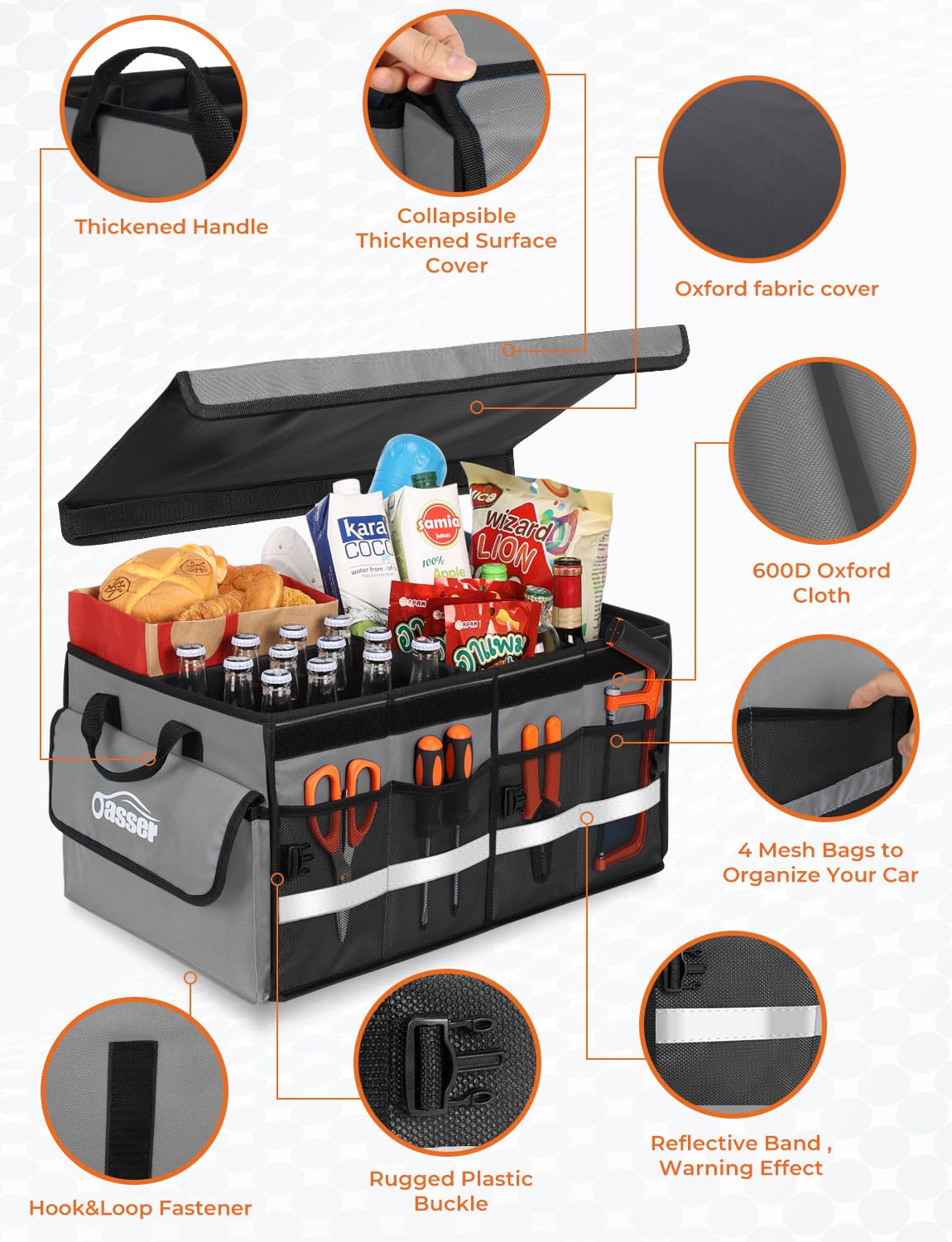 Oasser Car Trunk Organizer Collapsible Multi Compartments Suv Trunk Organizer With Reflective Strip Foldable Cover (Standard, Gr