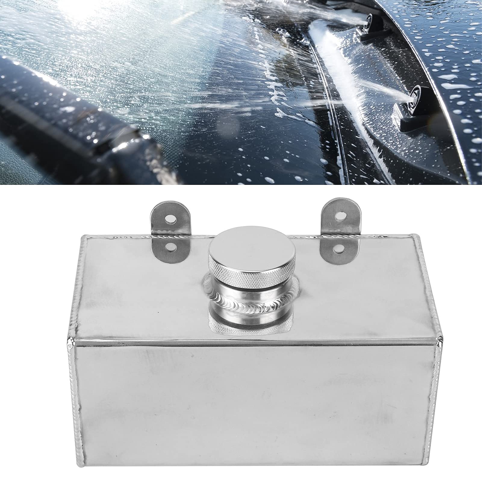 Qiilu Windshield Washer Reservoir Tank, Aluminium Windscreen Washer Bottle 2L Polished Intercooler Spray Tank Universal Car Parts