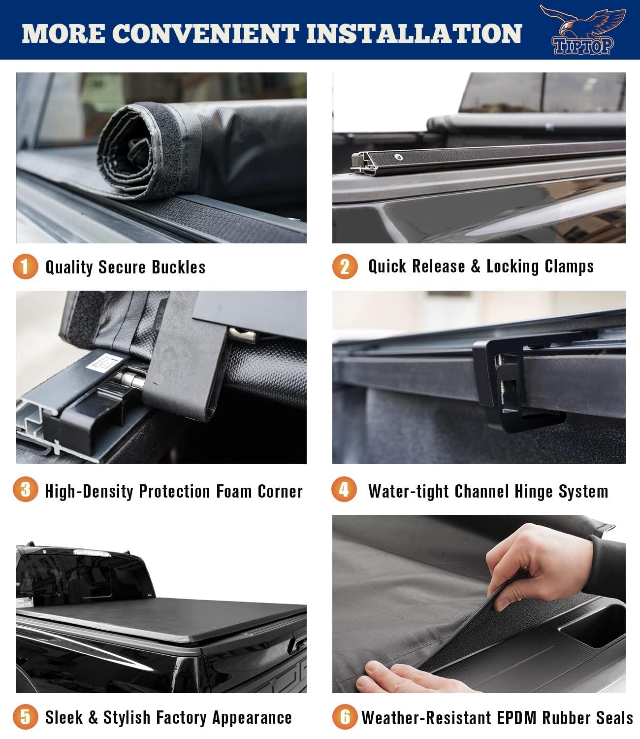 TIPTOP Soft Roll-Up Tonneau Cover Truck Bed for 2007-2025 Silverado/Sierra 1500 & 2007-2019 2500 3500 HD 6.6ft Bed (78.9'') | TP