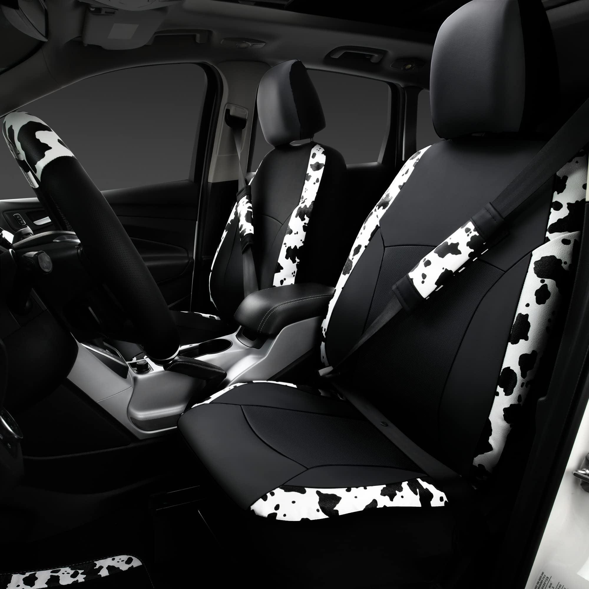 Car-Pass Cow Print Car Accessories Sets Faux Leather Car Seat Covers & Cow Car Mats & Cow Steering Wheel Cover Seat Belt Pads Un