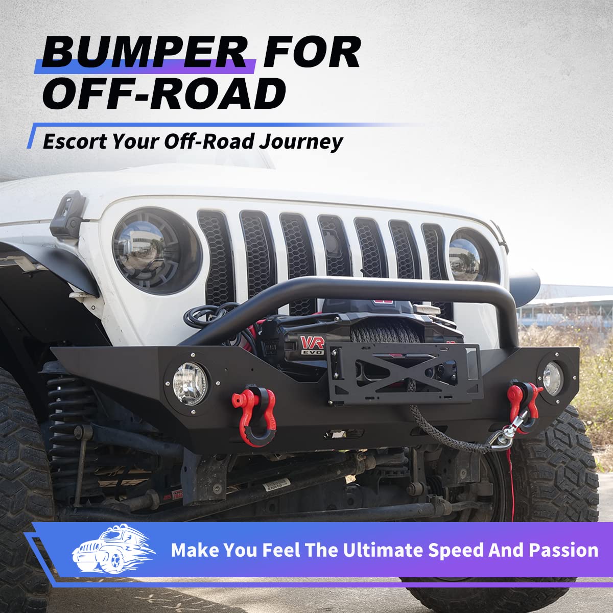 Wolfstorm Front Bumper Fit For 2007-2018 Jeep Wrangler Jk/Jku, Full Width Front Bumper For 2018-2024 Jeep Wrangler Jl/Jlu, Steel Front Bumper For 2019-2024 Jeep Gladiator Jt W/ 2Xd-Ring Shackles