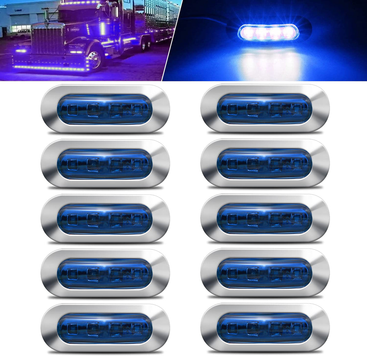 Alfu 10Pcs Blue Dc12V-24V 4 Led Side Marker Indicator Lights Lamp Front Rear Tail Clearance Lamp Interior Lights With Chrome Bez