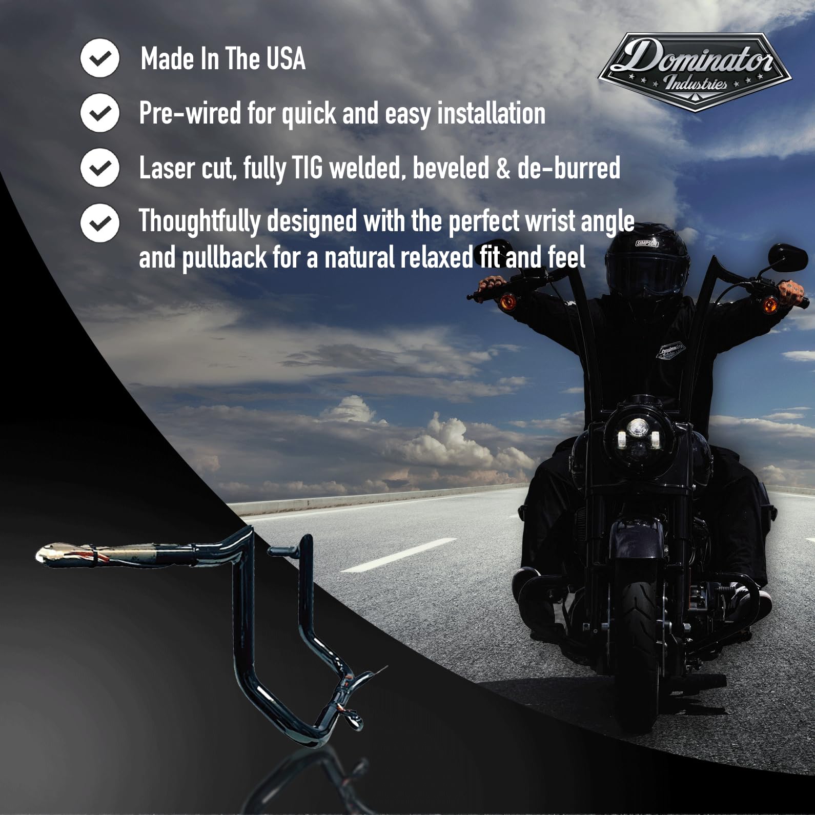 Dominator Industries 1 1/4' Pre-Wired 12' Meathook Bar Ape Hangers Handlebars For 2014-2023 Harley-Davidson Bagger Touring Electra & Street Glide, Special, Ultra Limited, Low (Gloss Black)