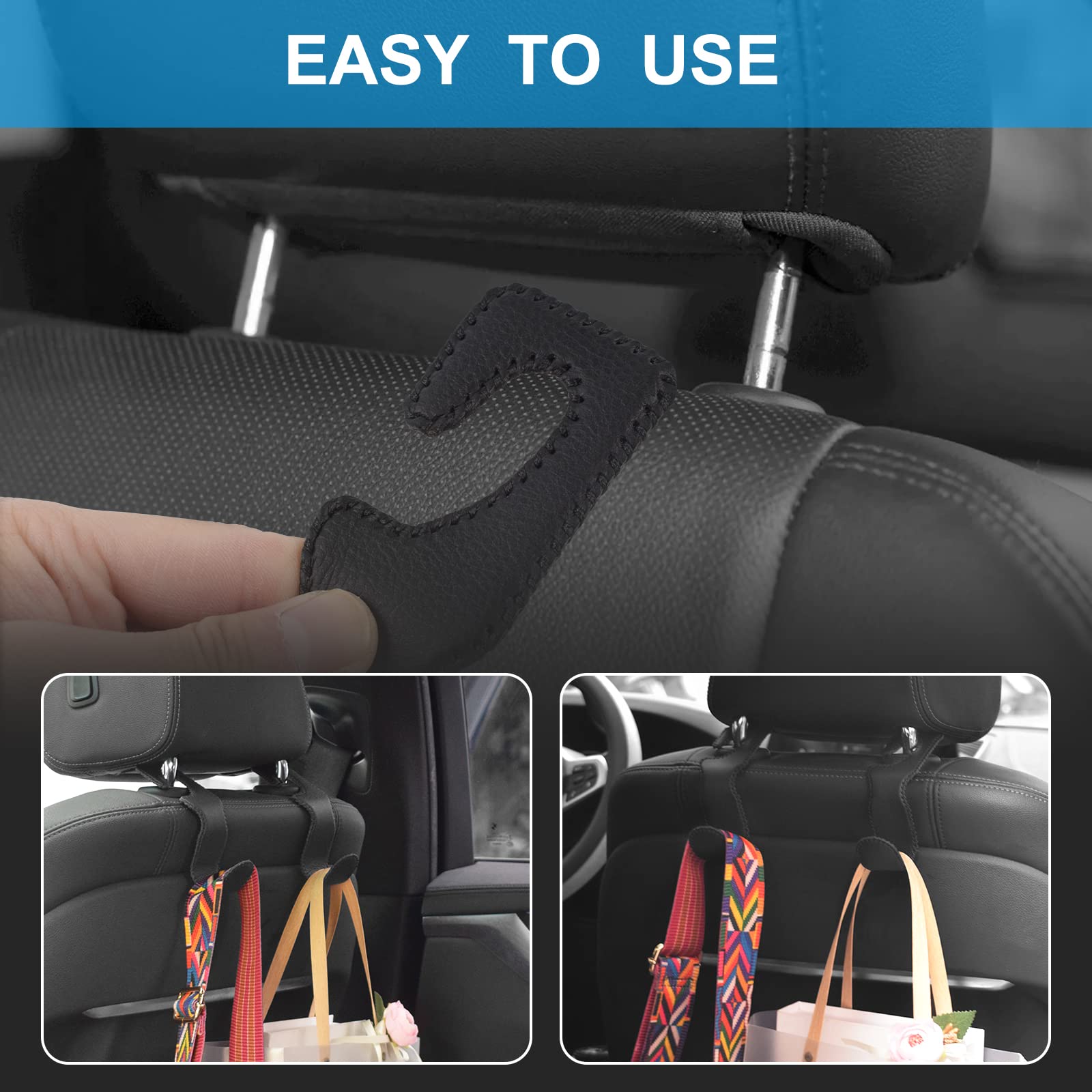 Eldhus Seat Hooks For Purses And Bags, 4 Pack Car Purse Holder For Grocery Bag Handbag Clothes, Metal Headrest Hooks Covered By