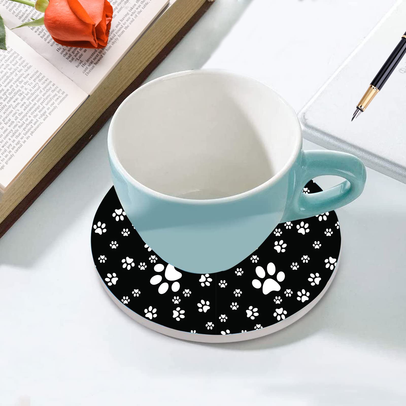 Paw Print Steering Wheel Cover for Women Men with 2 Pcs Car Coasters, Universal 14.5-15 Inch Cute Steering Wheel Covers Non-Slip