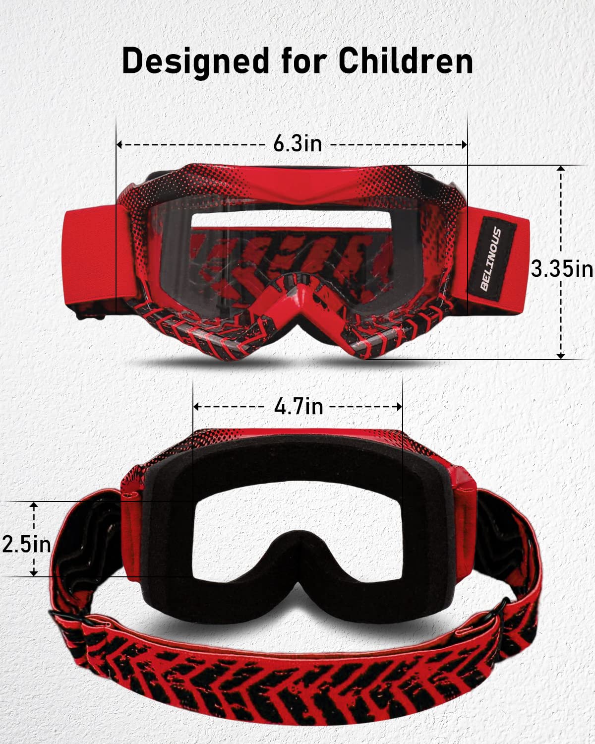 Belinous Kid Riding Goggles For Atv Dirt Bike Motorcycle Motorcross Mx, Uv Protectioin, Youth Dirt Bike Goggles For Kids 3-12 With Soft Strap, Red