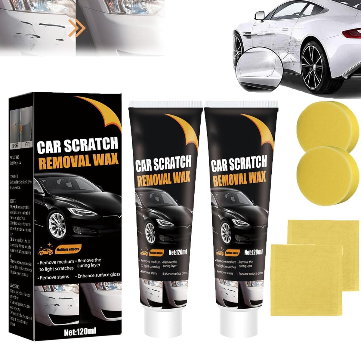2pcs Scratch Repair Wax for Car,2024 Car Scratch Repair Paste Polishing Wax,Premium Car Scratch Remover Kit with Wipe & Sponge f