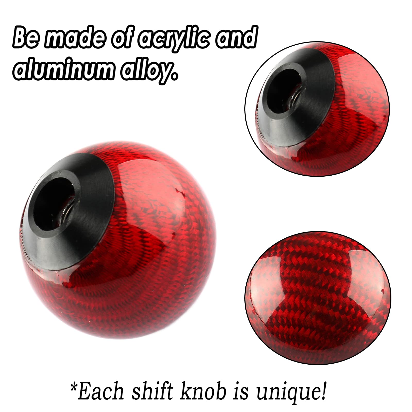 Yiuiy Round Ball Shift Knob 5 6 Speed Carbon Fiber Gear Shifter Knob For Manual Automatic Vehicles With Adapters M12X1.25 M8X1.25, M10X1.25, M10X1.5 (Red)