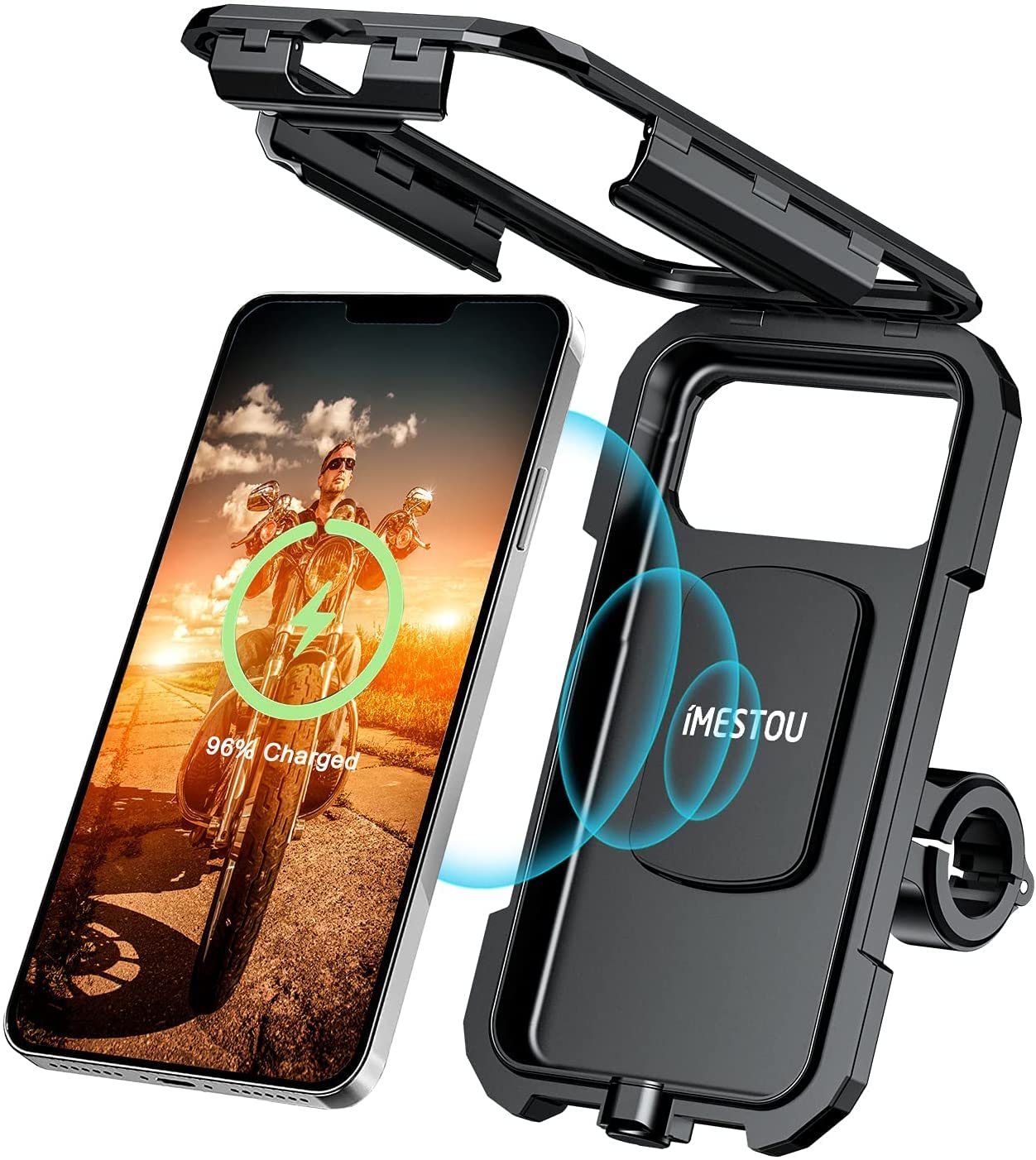 iMESTOU Waterproof IP67 Motorcycle Phone Mount Wireless/USB C Charger Handlebar Cellphone Holder Quick Charge for 5.5-6.8 Phones