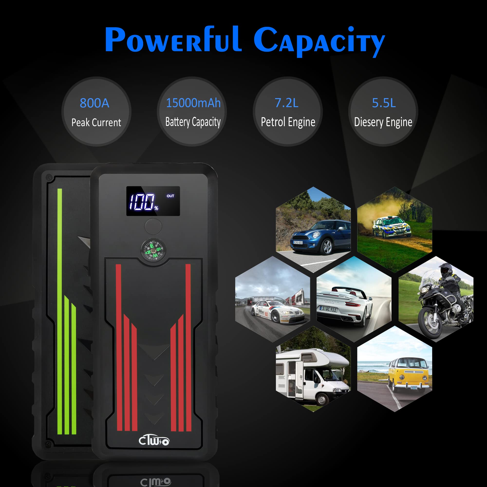 Battery Jump Starter For Car, Ctwjo 12V 800A Portable Jump Starter Booster With Usb-C Smart Port, Compass, Lcd Screen, Led Light, Travel Case (Up To 7.2L Gasoline 5.5L Diesel Engines)