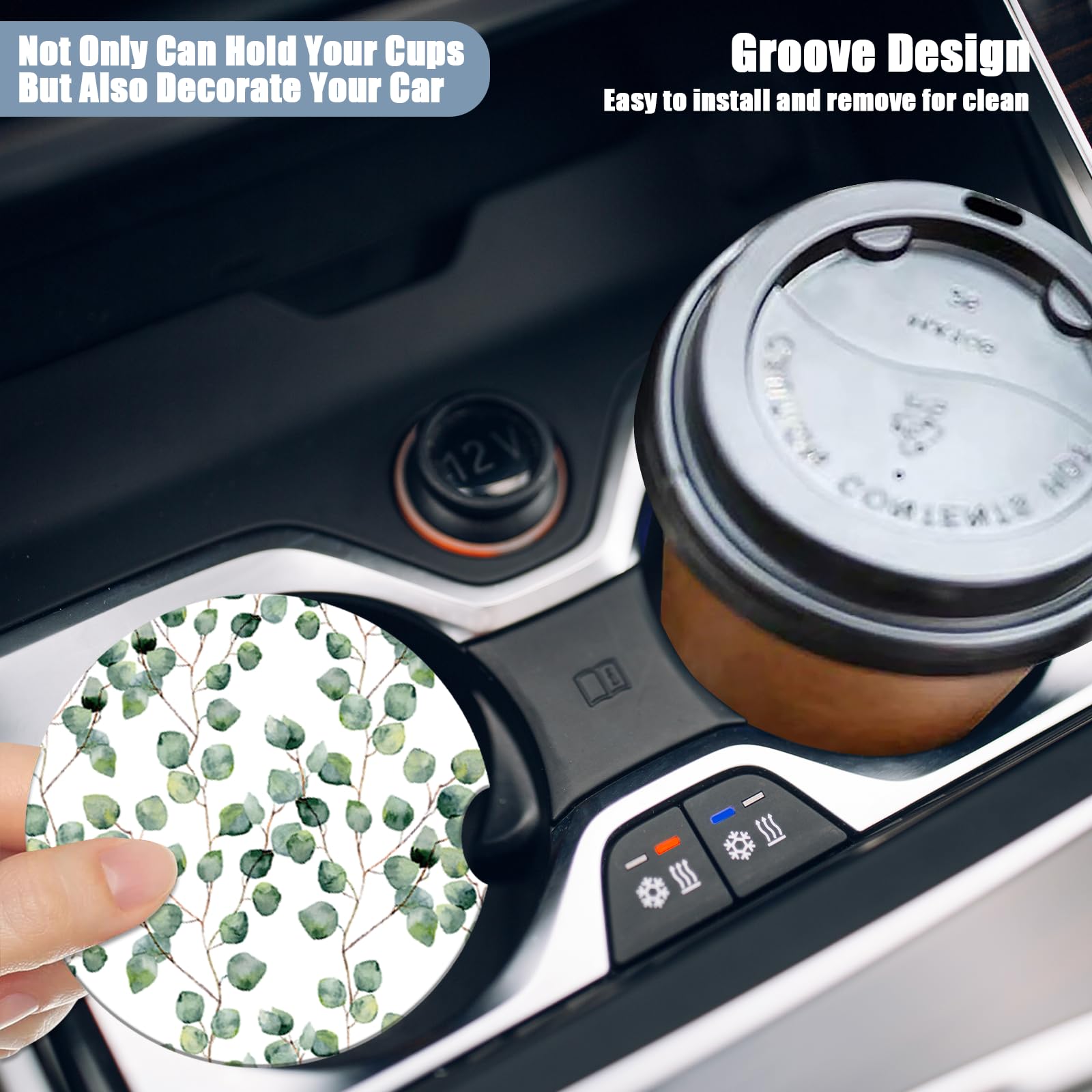 Car Cup Holder Coaster - Eucalyptus Round Green Leaf Absorbent Ceramic Coaster, Car Coasters for Cup Holders, Auto Accessories f