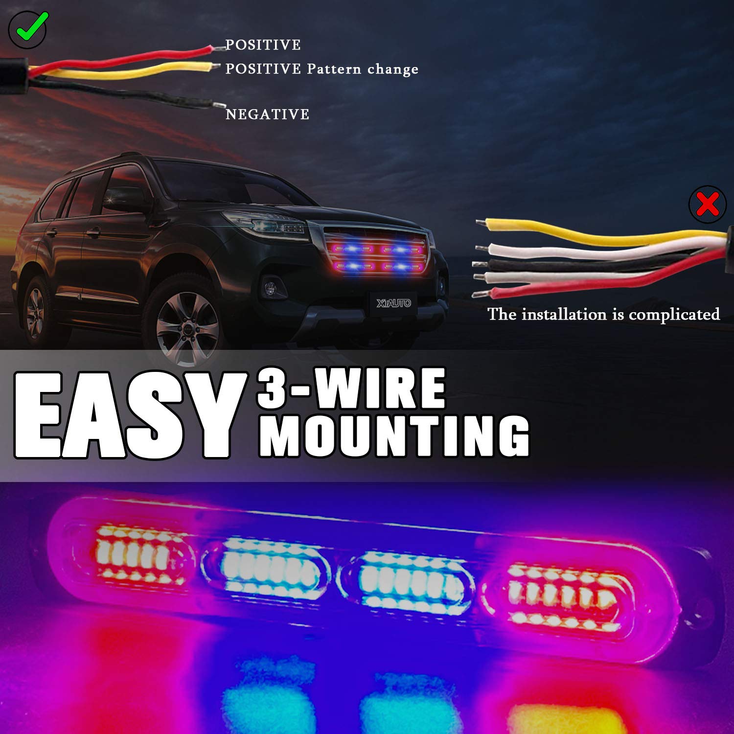 Xtauto Led Emergency Strobe Light 24-Led Red Blue Red Ultra-Thin Surface Mount Flashing Warning Beacon Hazard Construction Cauti