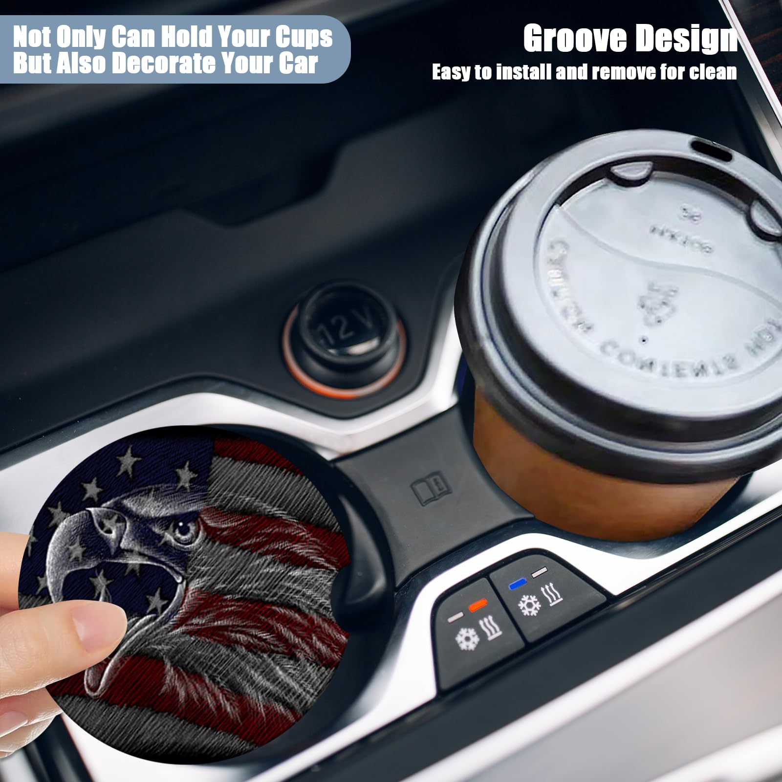 Car Cup Holder Coaster - American Flag Eagle Absorbent Ceramic Coaster, Car Coasters for Cup Holders, Auto Accessories for Women