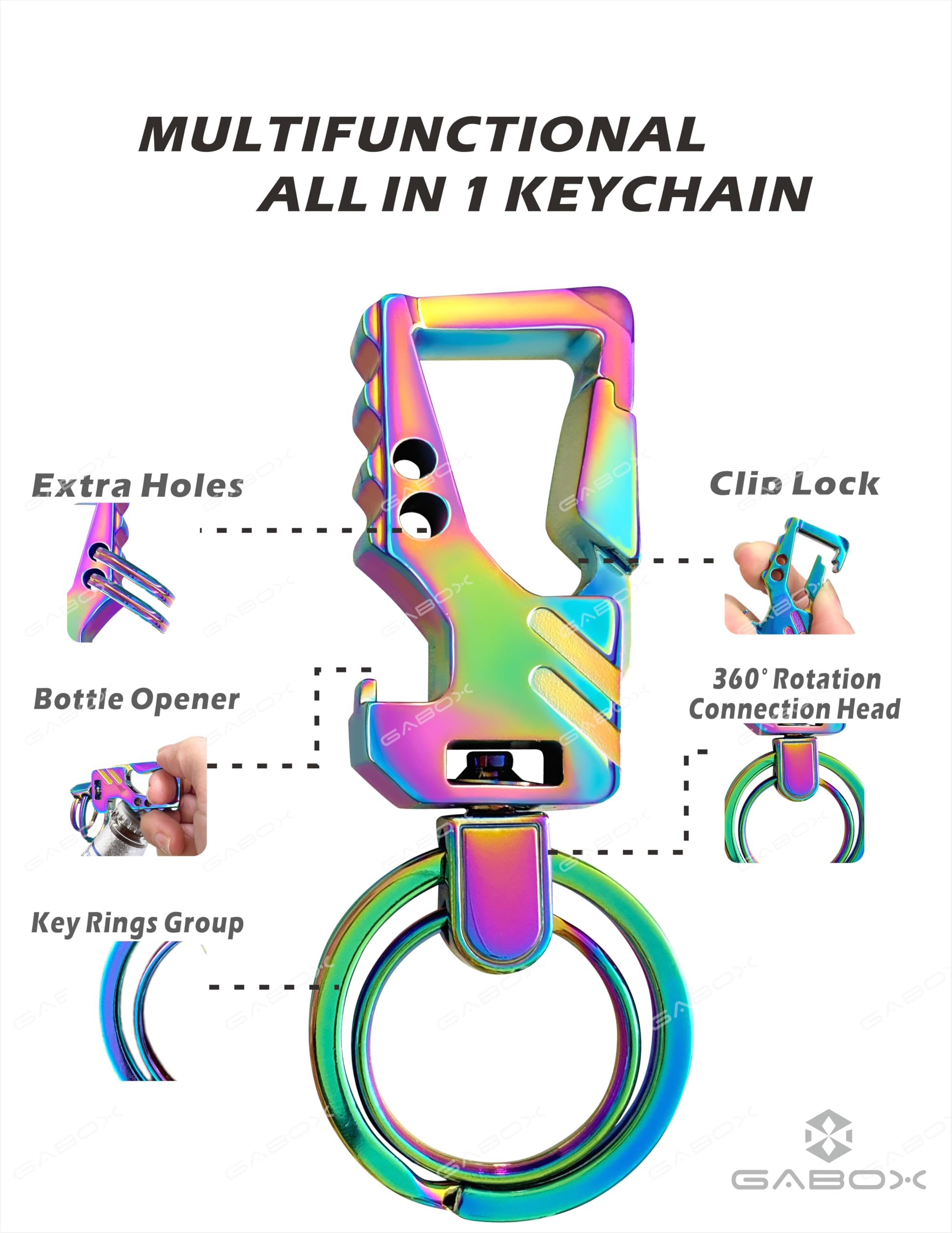 Gabox Keychain Edc Keyring Bottle Opener Auto Car Key Holder Tactical Carabiner Key Chain Clip Llaveros Porte-Cl  S, Electroplat