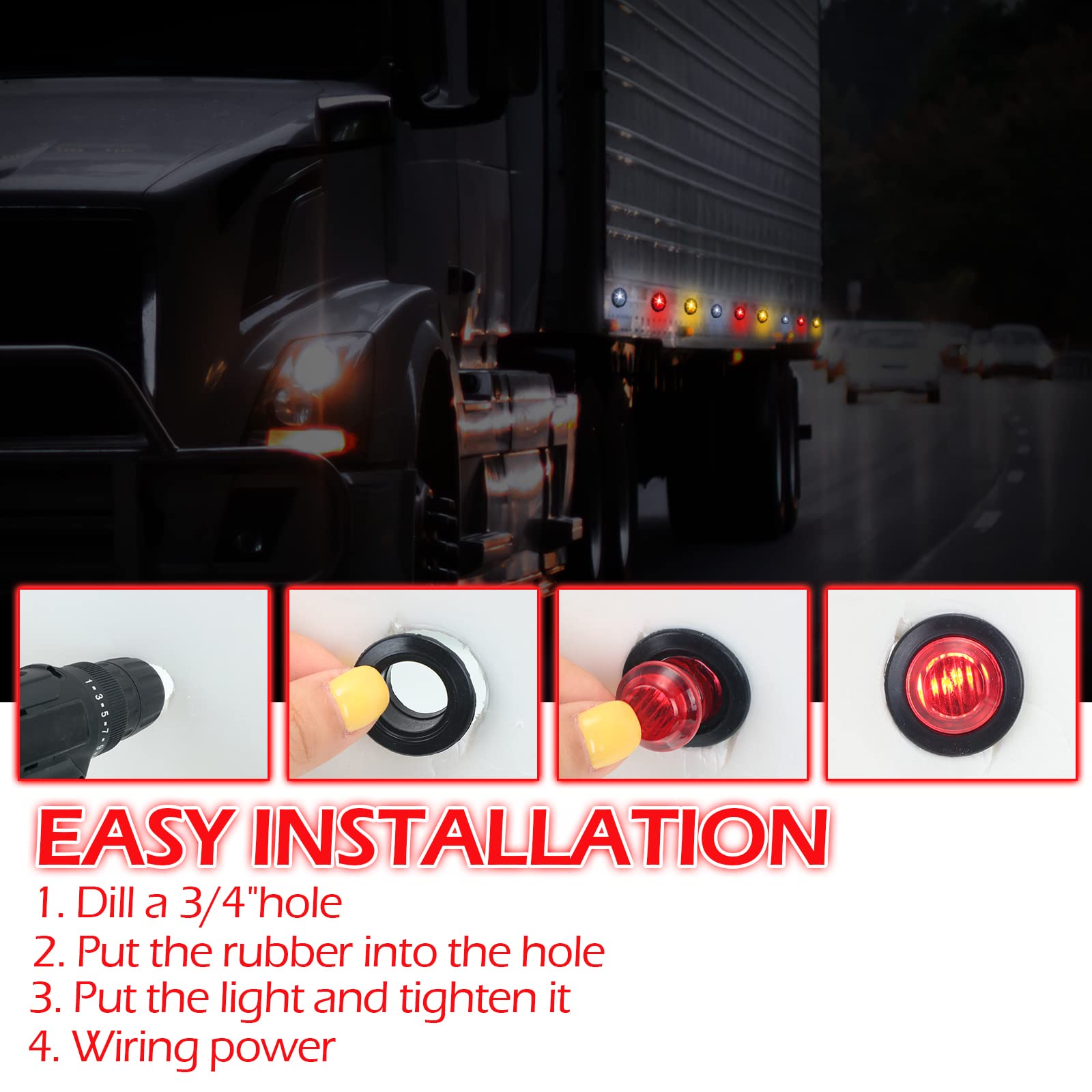 90 Pack 3/4 Inch Led Side Marker Lights Mini Trailer Button Lights Round Signal Lamp 3 Led Sealed Flush Mount Bulb For Boat Lorry Truck Pickup Bus 12V Dc, Amber, Red, White